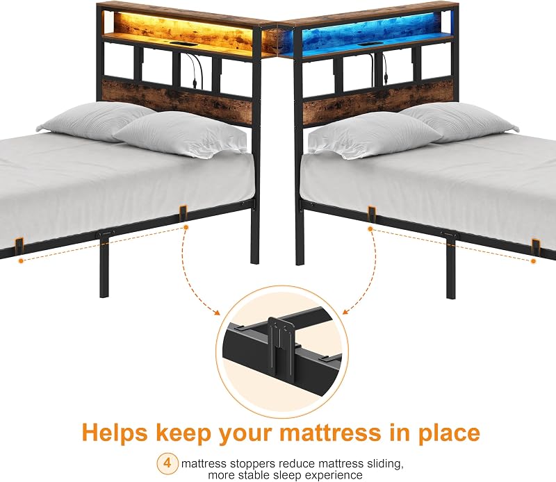 Twin Bed Frame with Headboard and Storage Shelf, Metal Platform Bed Frame with Charging Station, LED Lights, Noise-Reducing, No Box Spring Needed, Rustic Brown image 6
