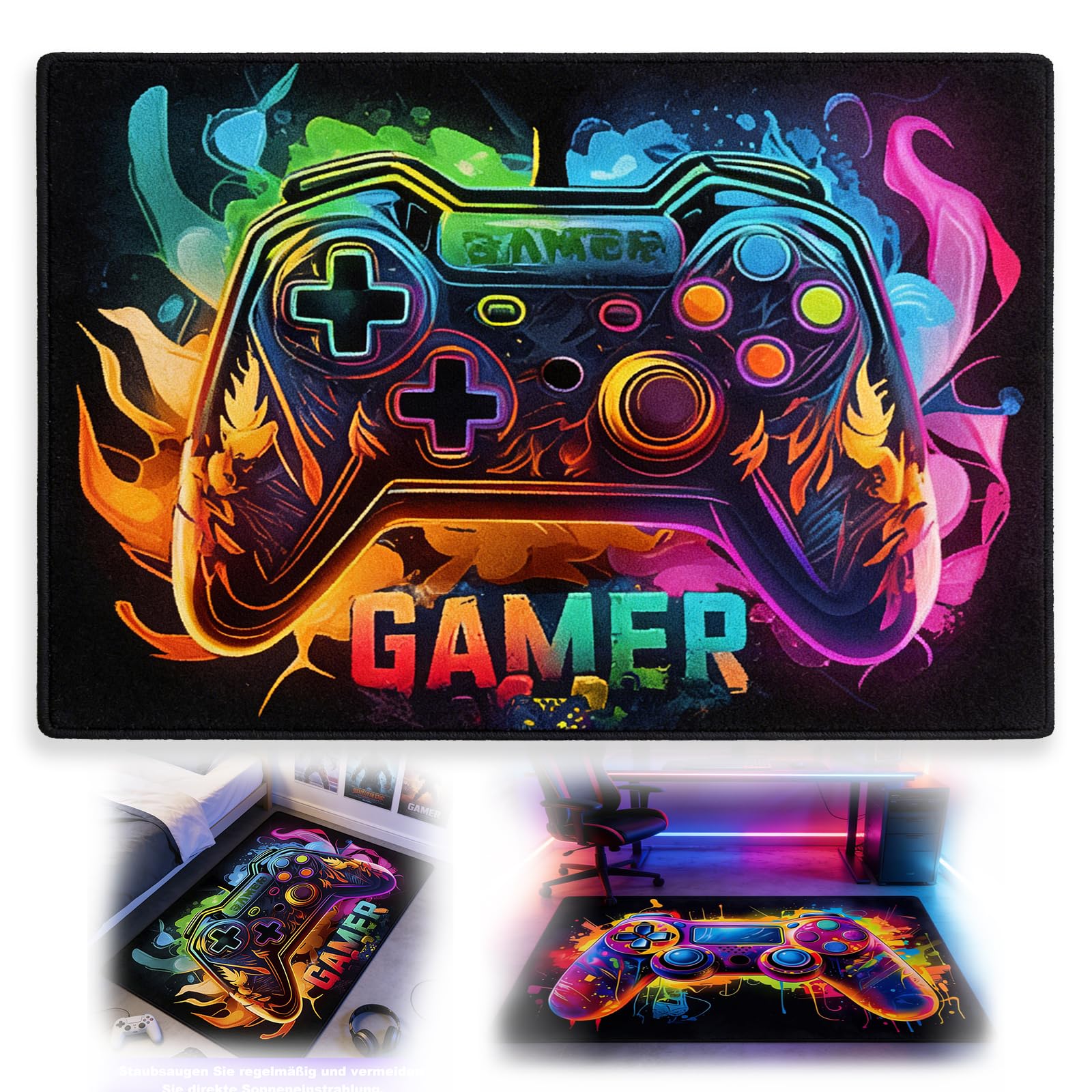 Nocecfi Gaming Area Rug, 80 x 120 cm 3D Colorful Game Gamepad Carpets, Washable Non-Slip Gaming room Carpet Decor, Game Controller Carpet Floor Mat for Bedroom Living Playroom Decor