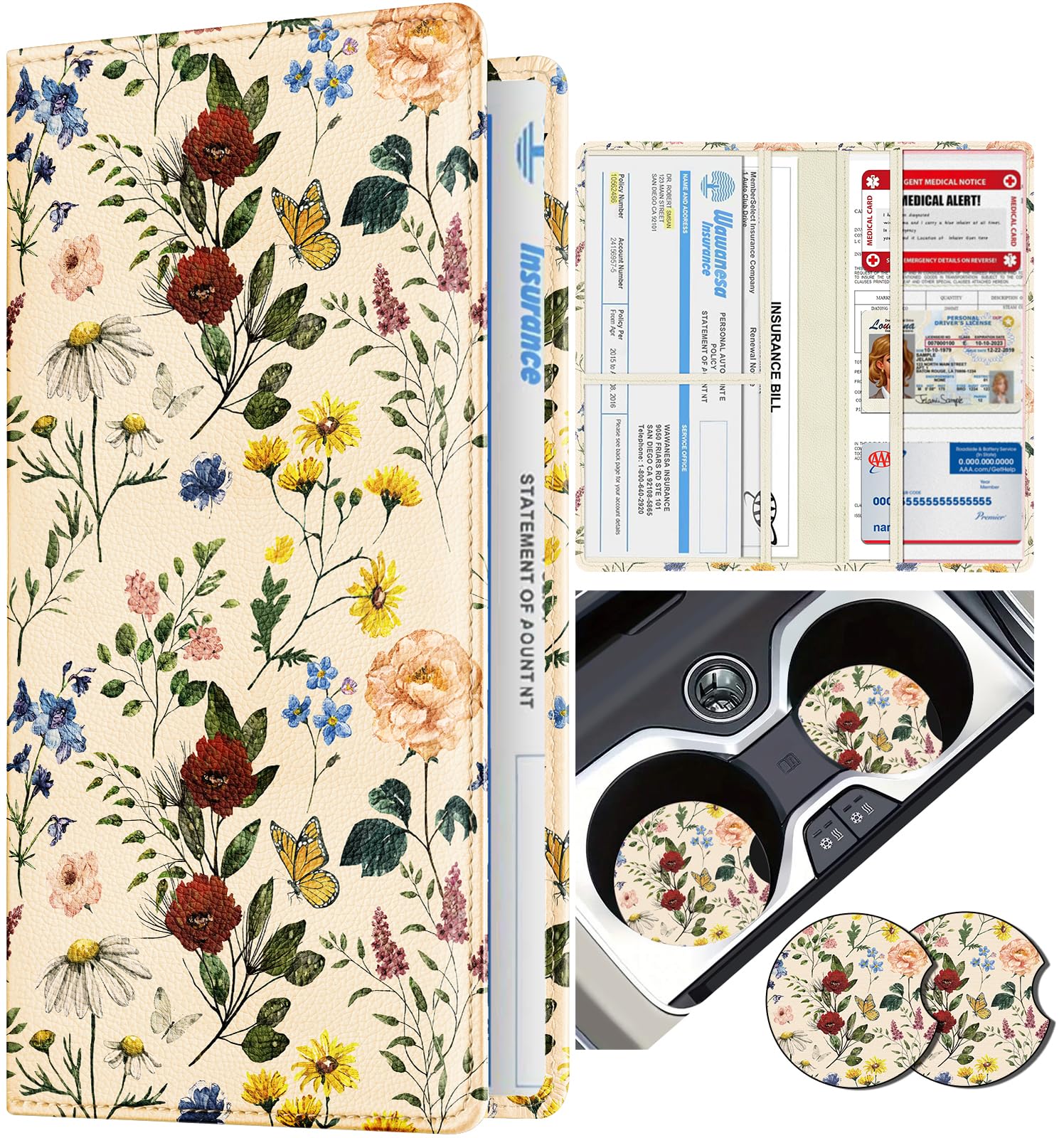 Slohif Car Registration and Insurance Card Holder with Magnetic Shut - Vehicle Glove Box Organizer Women Leather Automobile License Holders Coasters