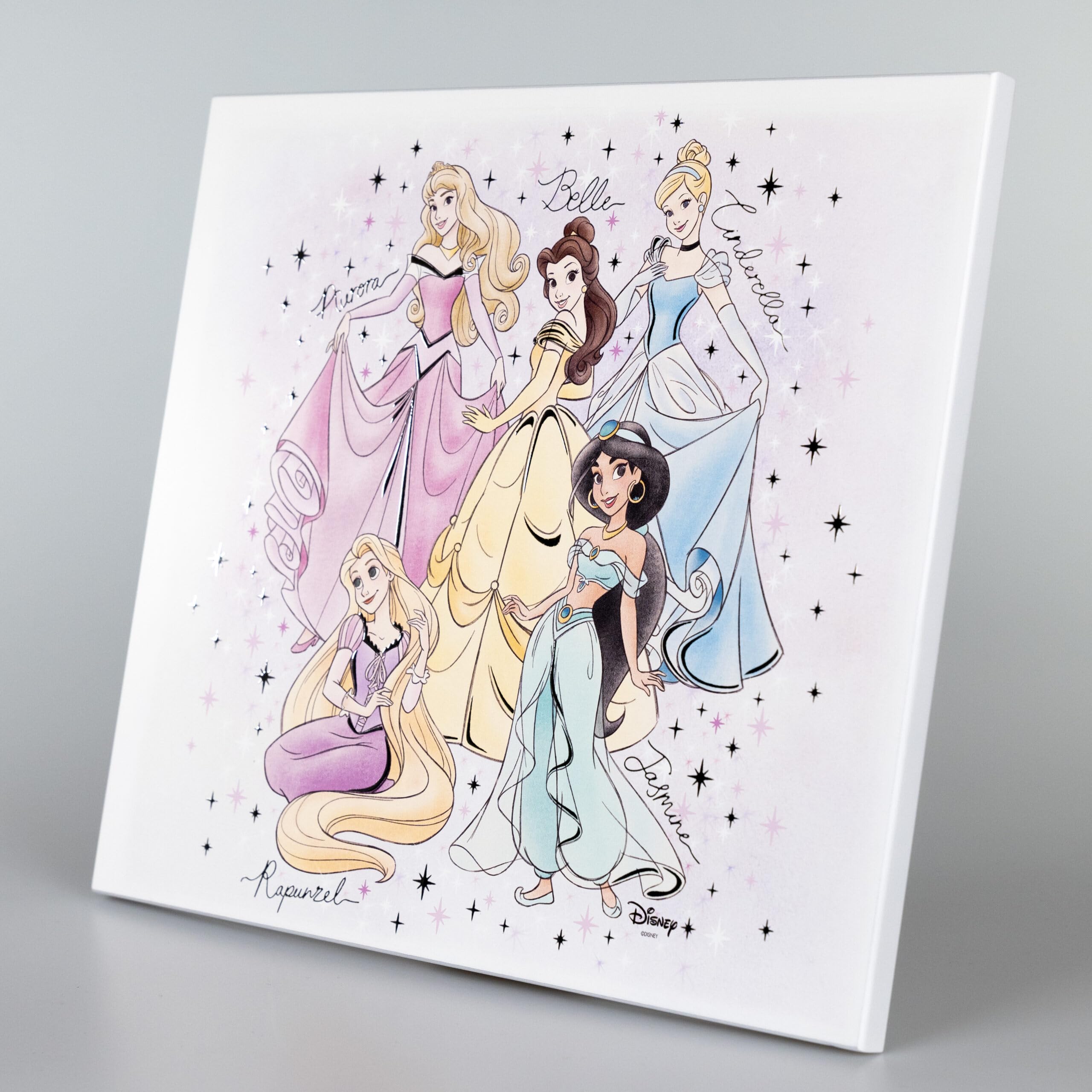 VALENTI & CO. Disney Princess 38 x 33 cm Drewniany obraz z nadrukiem ze srebrnymi detalami - dekoracje ścienne, pomysł na prezent dla noworodka lub prezent na chrzest dla dziewczynki