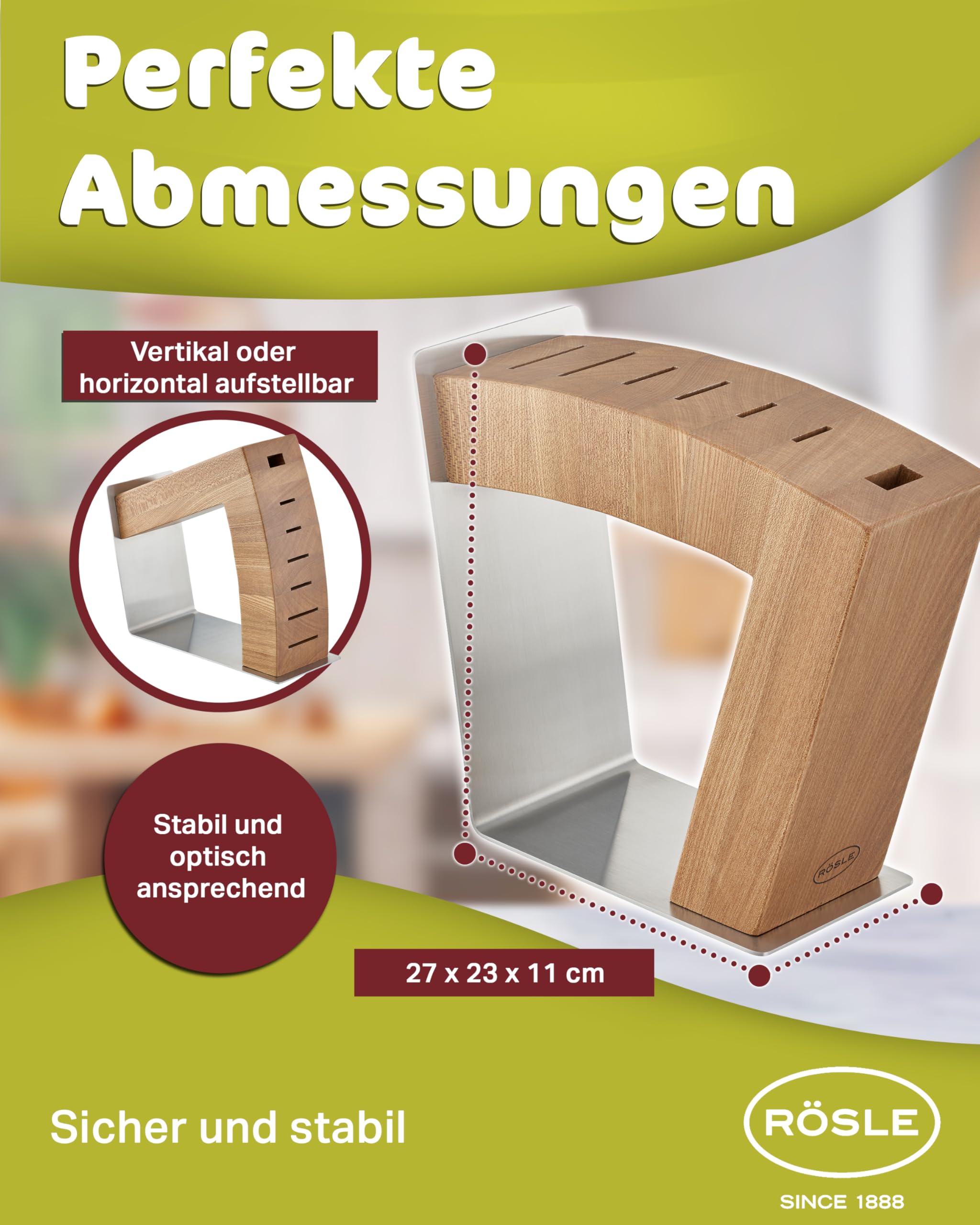 RÖSLE Movex Bloc à Couteaux, Bloc à Couteaux design Haut de Gamme en Acier Inoxydable et Bois d'Orme, Lames Visibles, 2 Positions debout, Stable, Couteaux Non Fournis