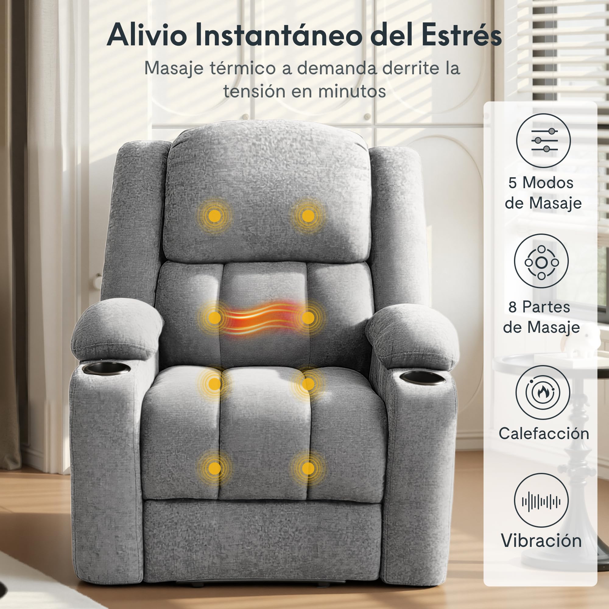 FLEXISPOT XL6 Sillón Relax Eléctrico con Levantapersonas, Masaje 8 Puntos y Calor, Reclinable 105°-165°, USB y Type-C, 2 Portavasos y Bolsillos, Sofá Individual Acolchado, hasta 200 kg, Gris Claro