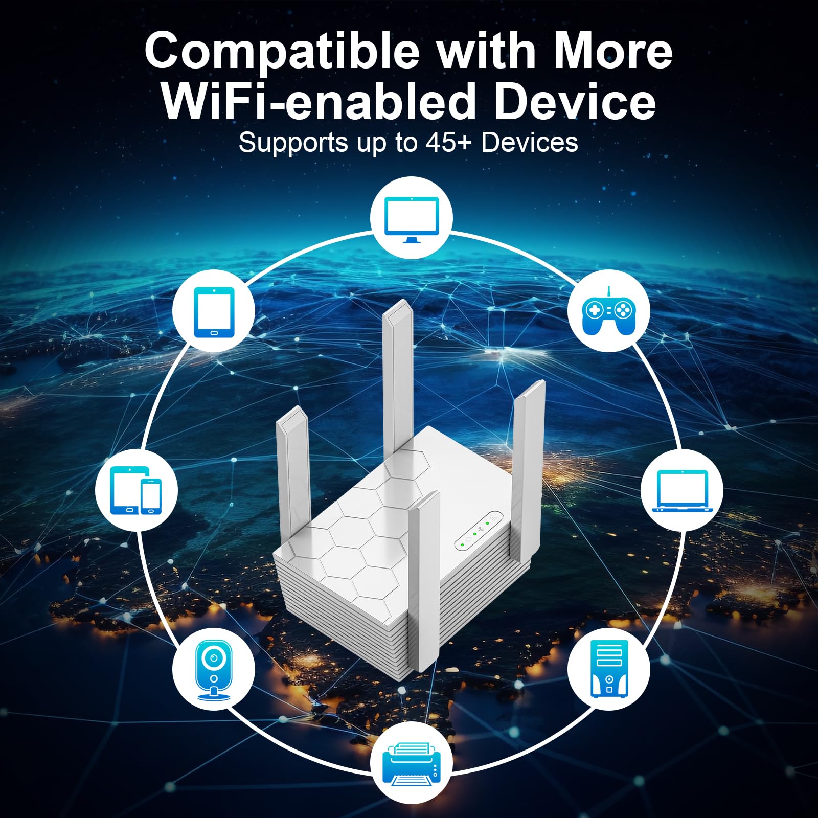 WiFi Extender Signal Booster, Dual Band 5.8GHz&2.4GHz, 1200M WiFi Booster for 45 Devices, Covers Up to 10200 Sq.ft, WiFi Repeater w/Ethernet Port for Home Office — view 5