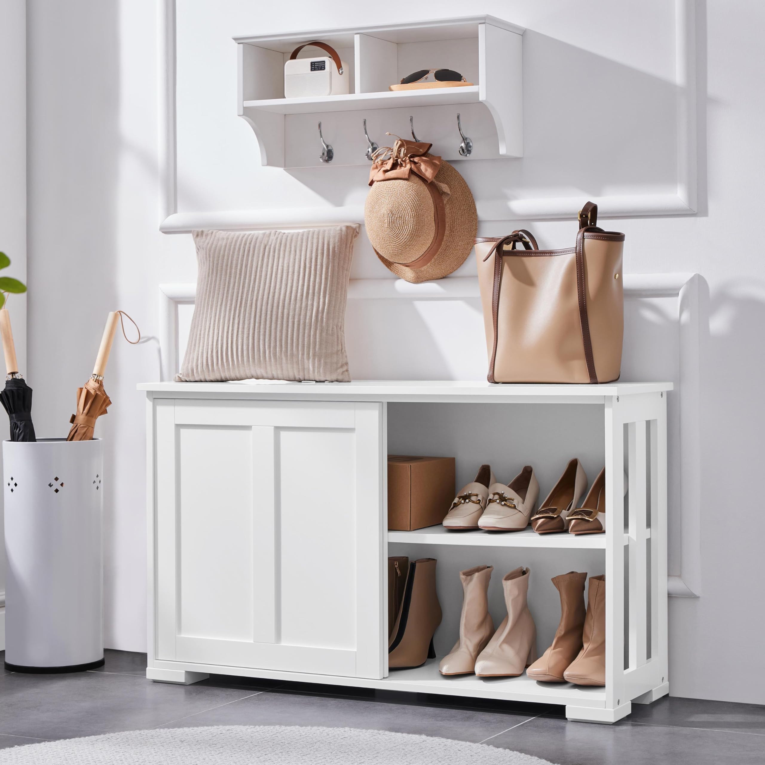 Armadietto da Cucina Mobiletto con 2 Ante Scorrevoli e Ripiano Regolabile Credenza Mobile da Cucina per Soggiorno 106,7 x 33 x 63 cm Bianco