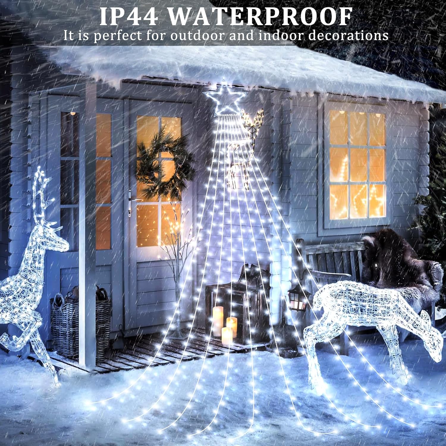12FT 344 LED Christmas Tree Lights, Plug in Waterfall String Lights with Topper Star, Waterproof 8 Modes Outdoor Christmas Decorations for Indoor Patio Roof Yard Lawn Party, White