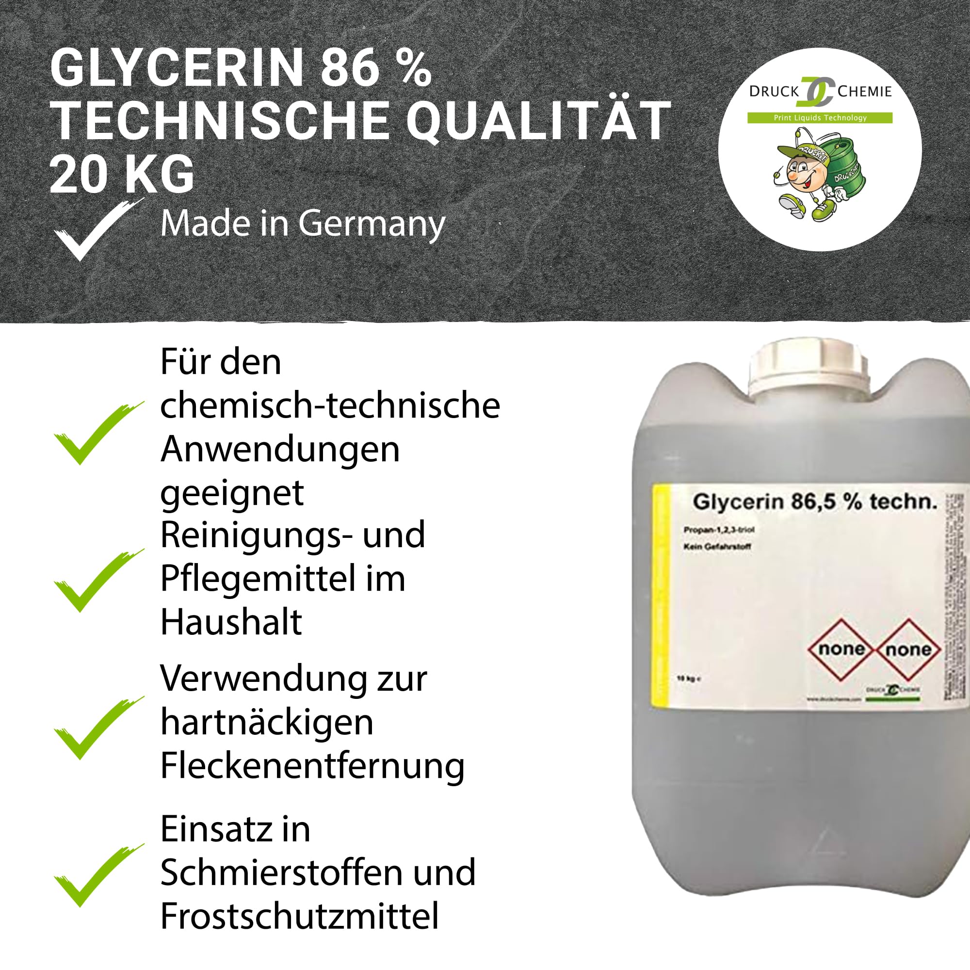 DC DruckChemie GmbH Glycerin 86%, 20kg, technische Qualität - Ideal als Frostschutzmittel, Schmiermittel & Weichmacher - Geeignet für Privathaushalte