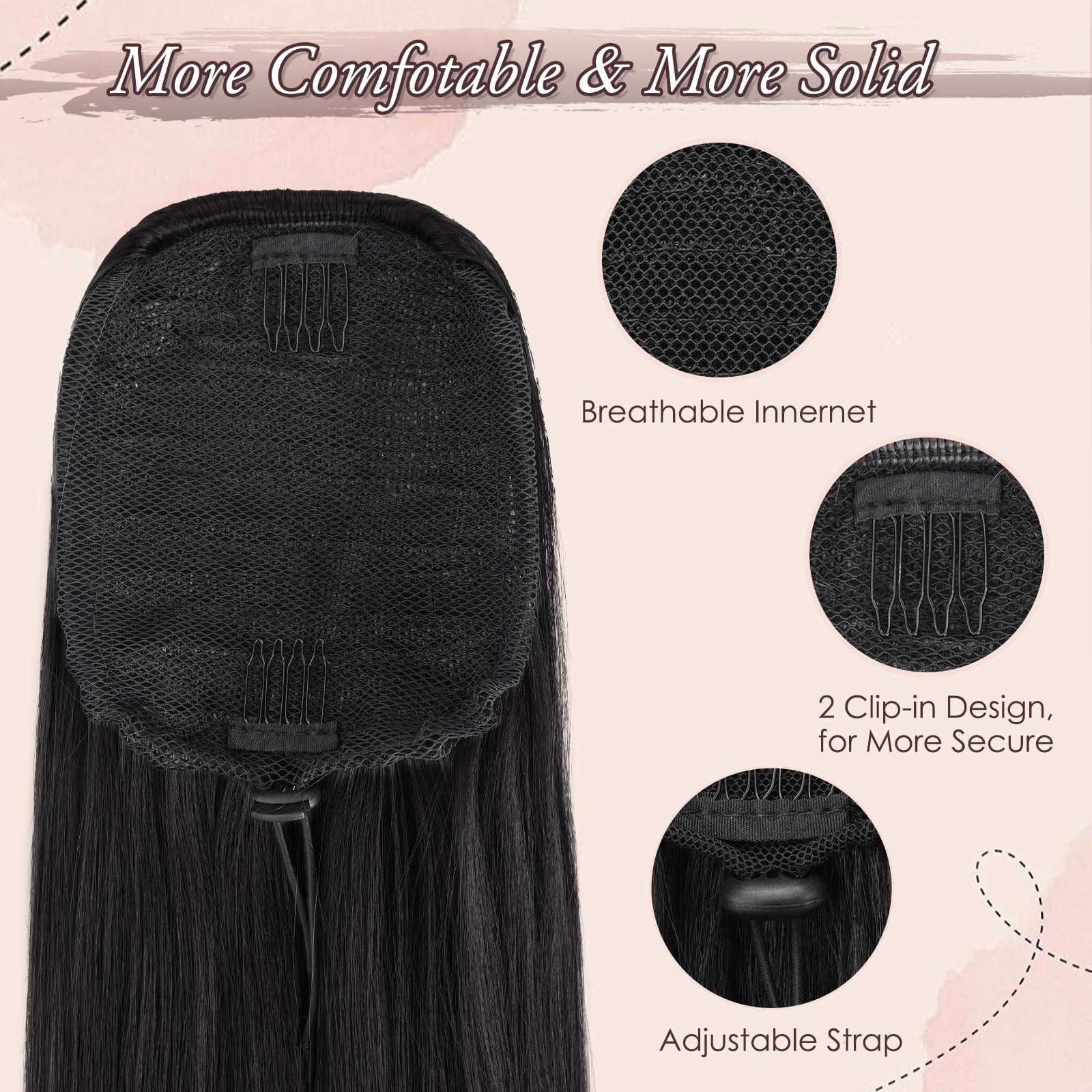 RUWISS 28 Inch Long Drawstring Straight Ponytail Hair Extension, Synthetic Clip in Ponytail - Image 4