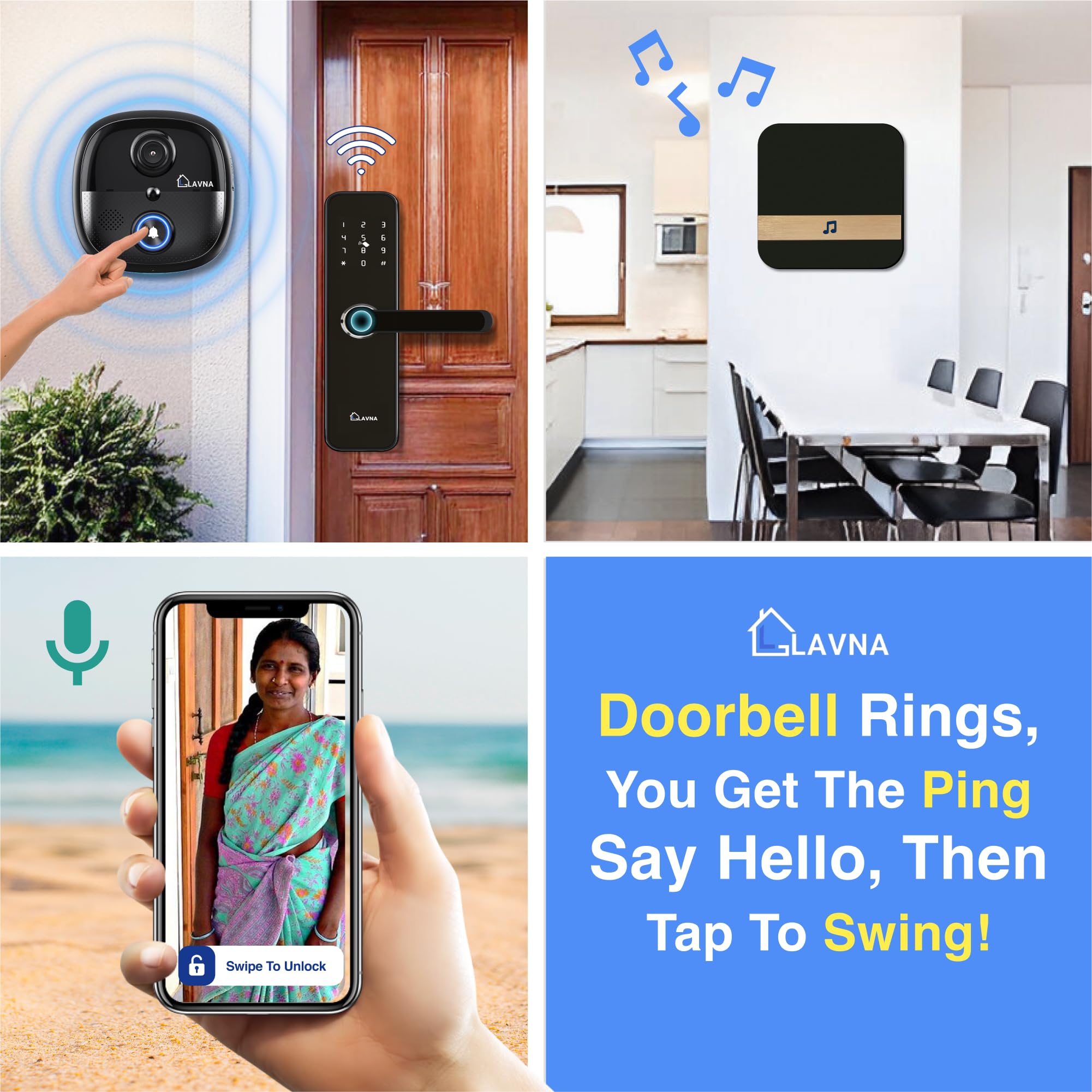 LAVNA Secure X Smart Door Lock + Doorbell Combo with 8 Way Access (Fingerprint, WiFi..) || HD Video Call with 2-Way Talk, Lock N Bell Integration, Live View/Recording, PIR Sensor, IP65, Chime 3