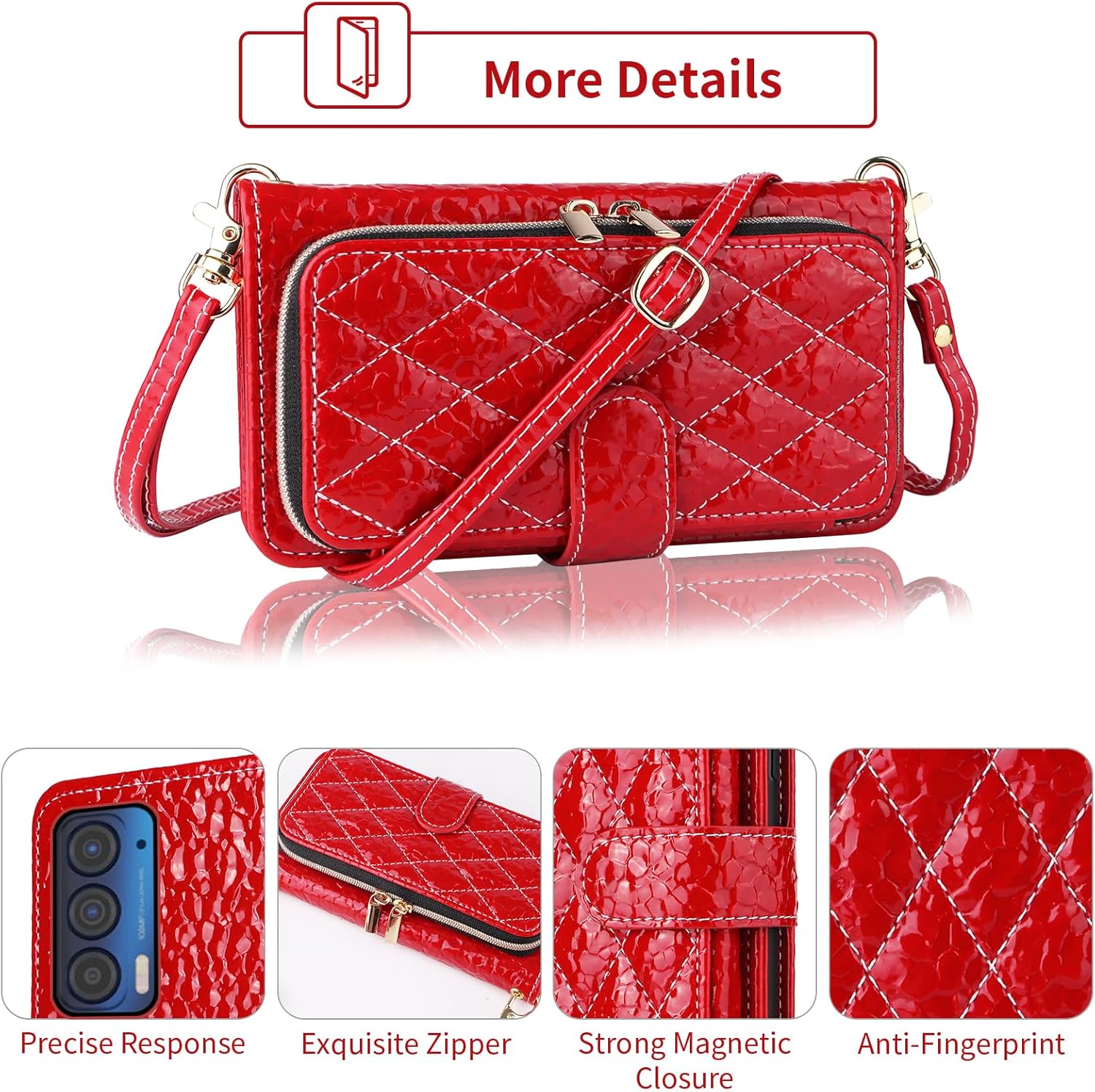Argyle Wallet Case for Motorola Moto Edge 2021/MotoEdge 5G UW 2021 with Crossbody/Wrist Strap Luxury PU Leather Kickstand Zipper Purse Shockproof Card Holder Cell Phone Cover for XT2141-1 Red