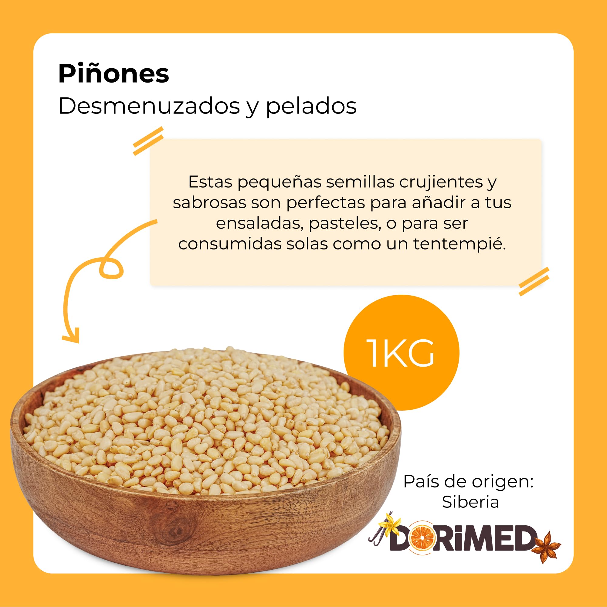 Dorimed Pack de Piñones Crudos de Pino 1kg Pelados | Frutos Secos Siberianos Sin Cáscara de Origen 100% Natural | Bolsa en Porciones para Cocinar