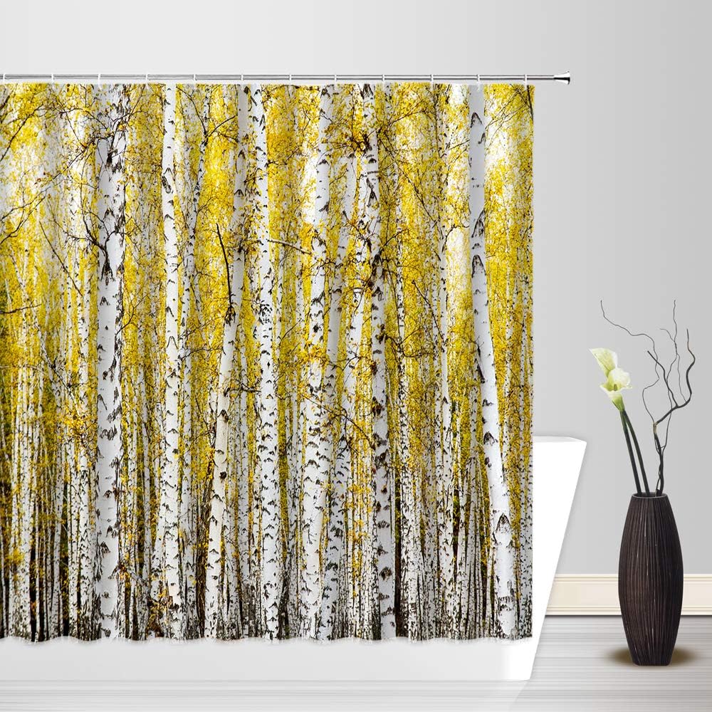Tree Shower Curtain Rustic Abstract Yellow Birch Tree Forest Branch Vintage Farmhouse Vintage Country Style Bathroom Decor Fabric Curtain with Hooks