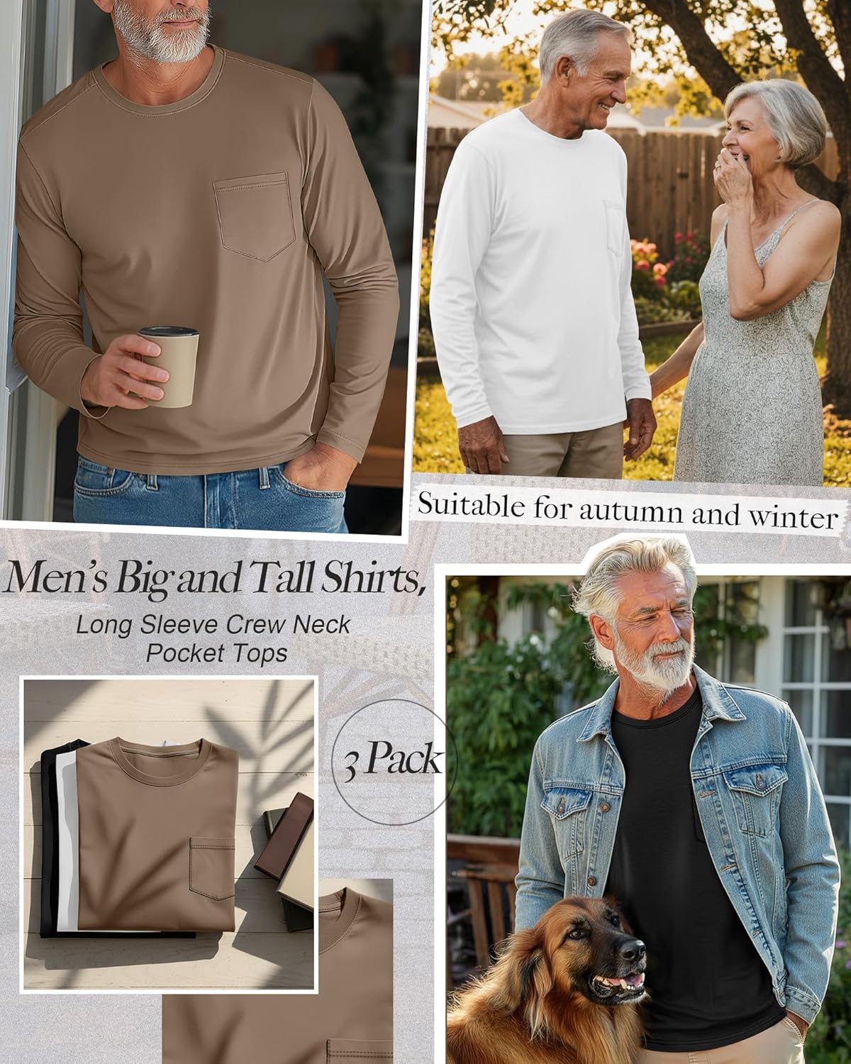 Huukeay 3 Pack Men’s Big and Tall Shirts, Long Sleeve Crew Neck Pocket Tops Casual Loose Fit T-Shirts Lightweight Basic Tee - Image 2