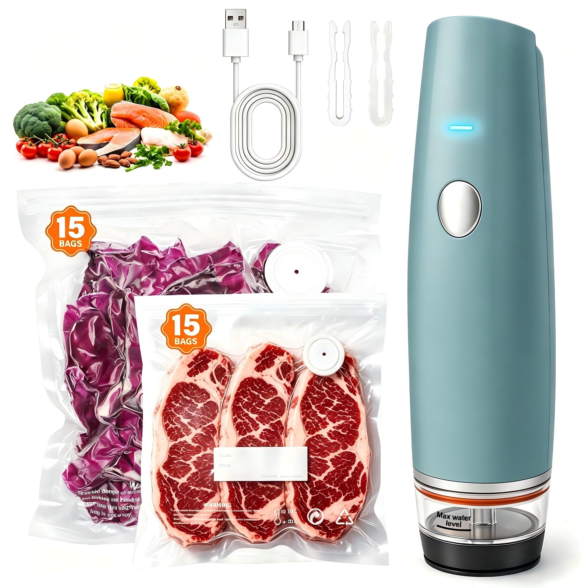 View 1 of -80kPa Compact Vacuum Sealer for Food (Vacuum Sealer Machine + 30 Reusable Bags), Cordless Handheld Vacuum Sealer Machine Portable Mini Food Sealer for Sous Vide & Meal Prep-Blue