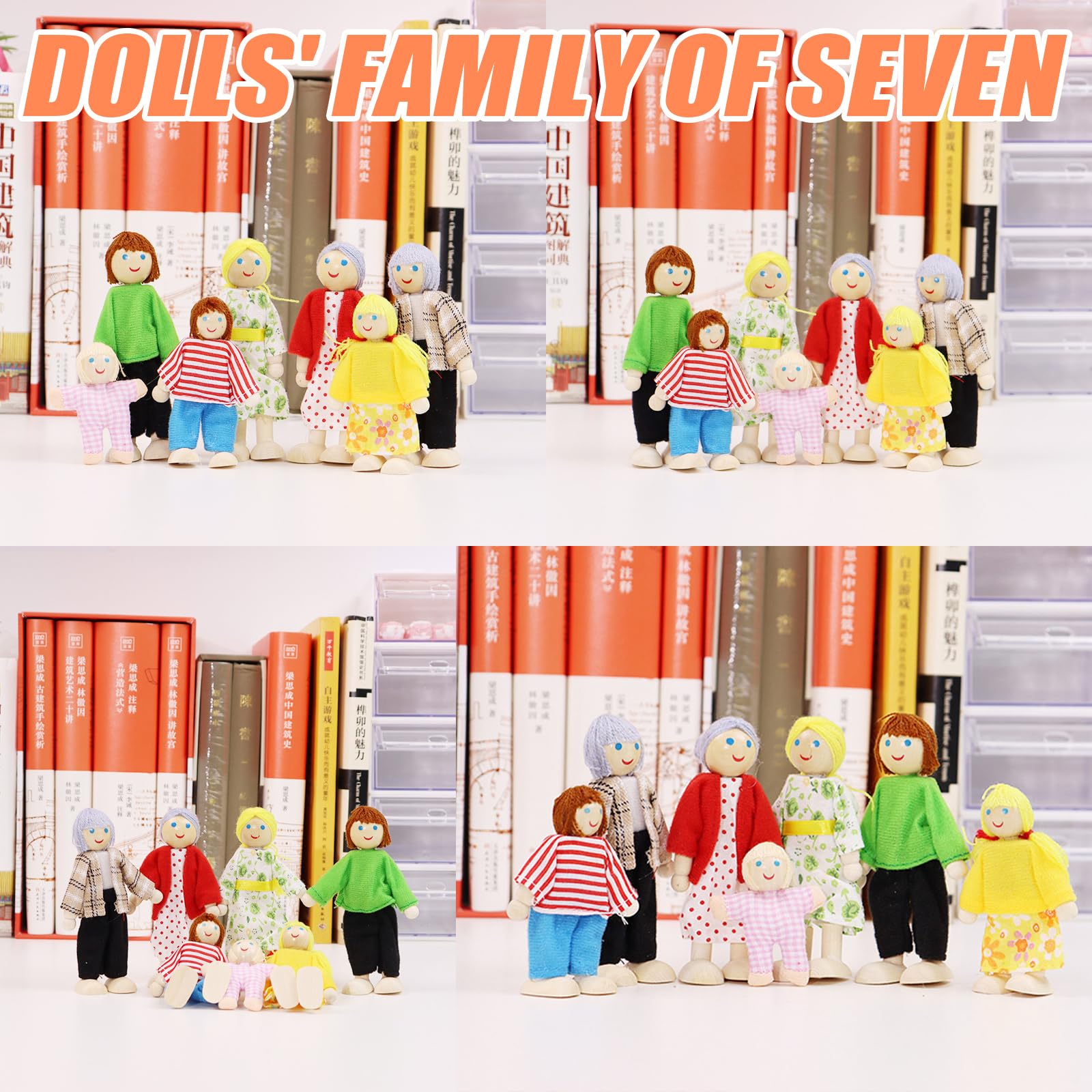 DAVBNM Sets of 7 People Wooden DollHouse Family Dolls Toys, Wooden Figure Set, Lovely Happy Family Doll Playset - Image 4