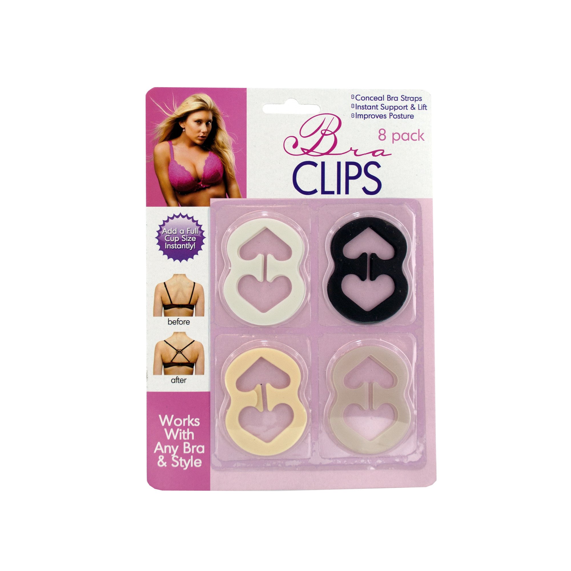 Kole Imports HB167 Bra Clips Set, Pack of 8, Flexible Plastic Bra Clips, White, Black, Beige and Transparent