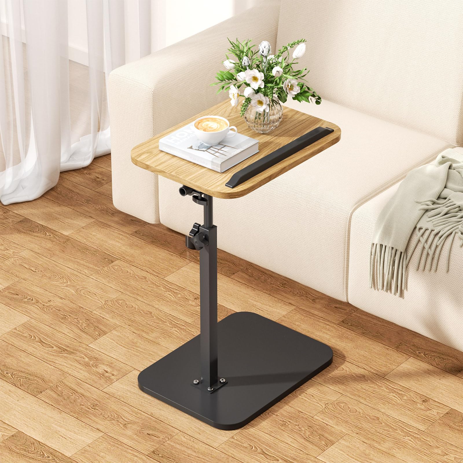 Hanstore C Shaped Side Table, 360° Swivel 180° Flip Bedside Table with Slat, Height-Adjustable End Table, 30x40cm Foldable TV Tray for Living Room, Bedroom - Wood Color