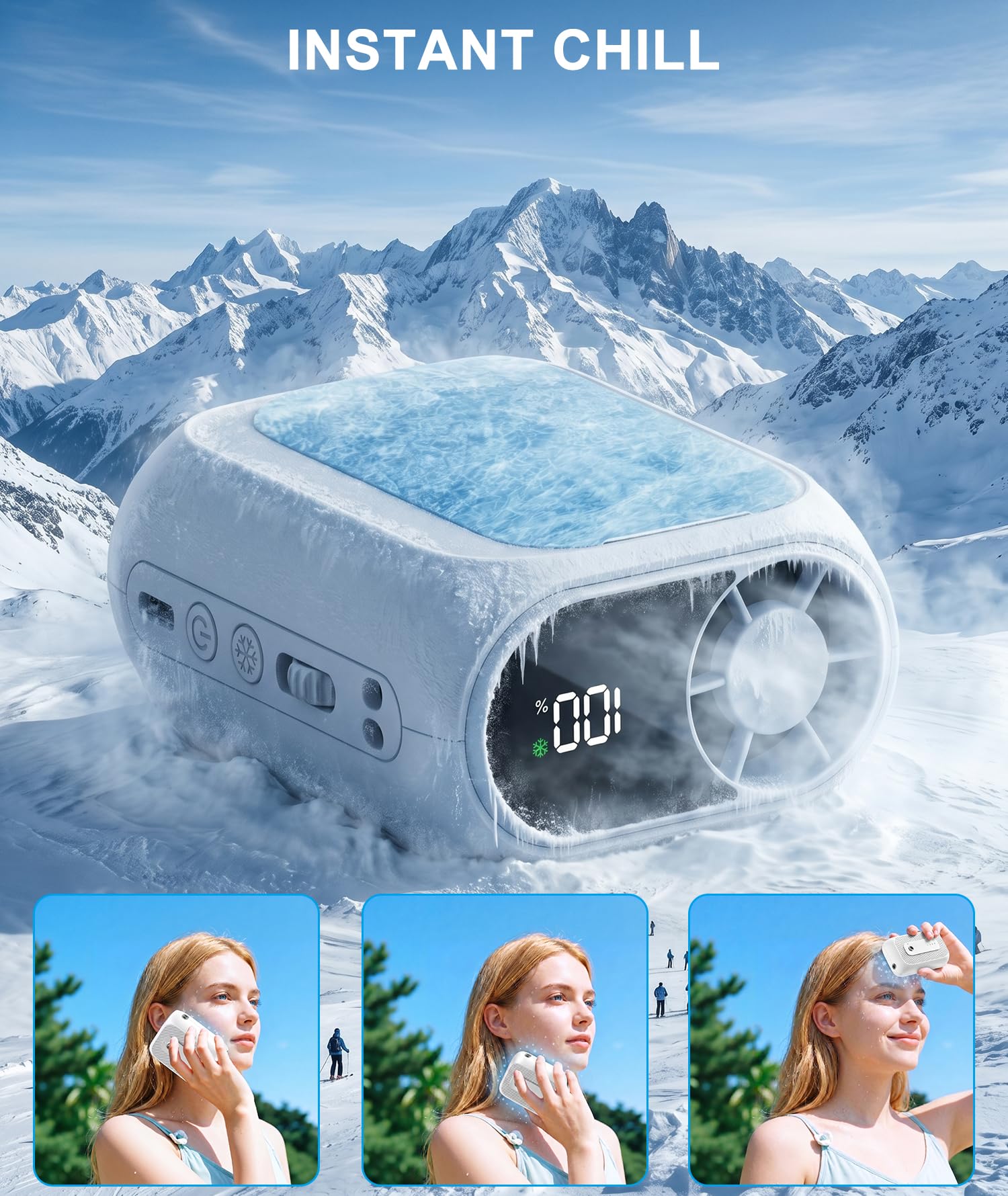 Ventilateur de Taille Portable avec Plaque de Refroidissement Glacée, Ventilateur Climatiseur Cou 20000TR/M Turbo, Ventilo Pince Ceinture 5000mAh Rechargeable 100 Vitesses pour Extérieur Voyage Bureau