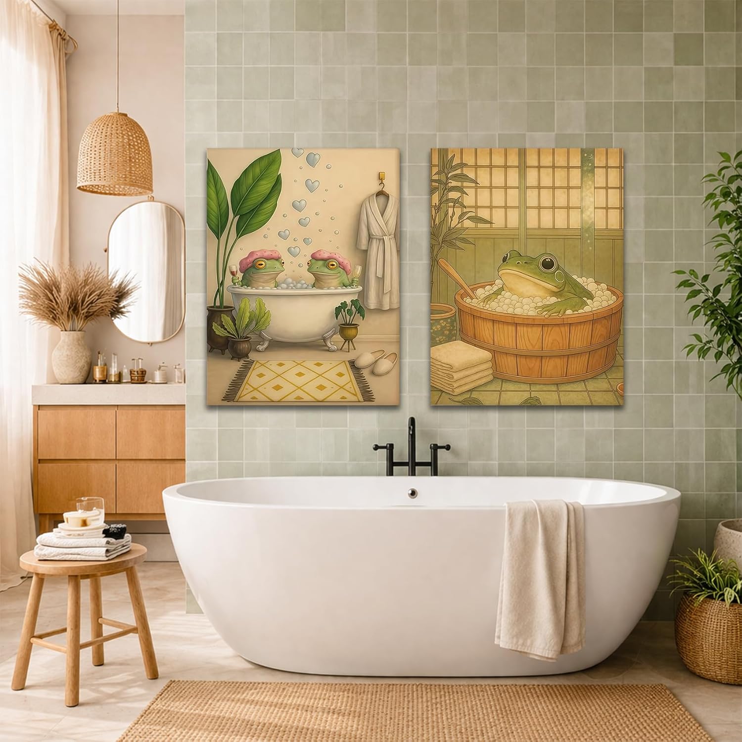 Japanese Frog Bathroom Wall Art Set Of 2 Framed Canvas Prints Japandi Wall Decor Minimalist Zen Japanese Bathroom Art For Restroom Powder Room Spa Room 12 X 16 Inches
