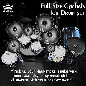 Low Volume Cymbal Pack, Silent Cymbals, Quiet Cymbals Set for Drummer Practice, 6/8/10''Spalsh+14''Hihat+16Crash+18''Crash+18''China+20Ride, 9 Pieces, Black