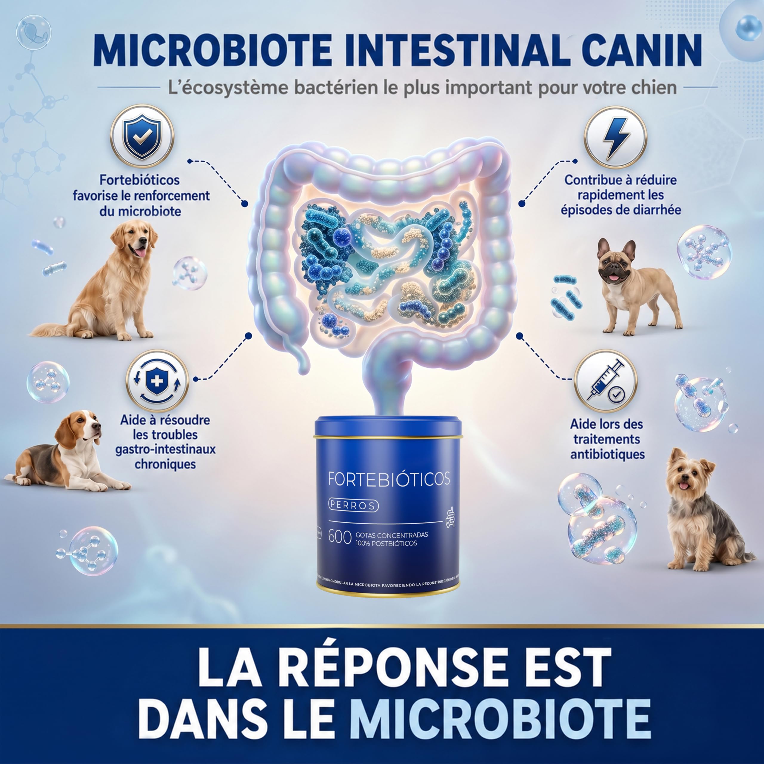 Fortebióticos Chien 600 Gouttes 30 ML - Complement Alimentaire Chien Postbiotique - Alternative aux Probiotique Chien et Probiotiques Chien - Flore Intestinale Microbiote, Hygiène et Santé du Chien
