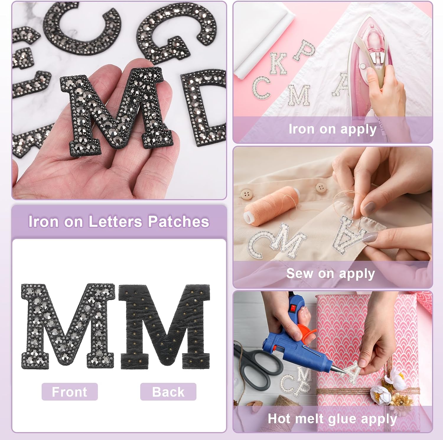 uxcell 10 Pcs Iron on Letter Patches, Letter M Rhinestone Alphabet Applique Rhinestone Pearl English Letter Sewing Patches for Clothing Hats Jeans Shoes DIY Craft, Black image 3