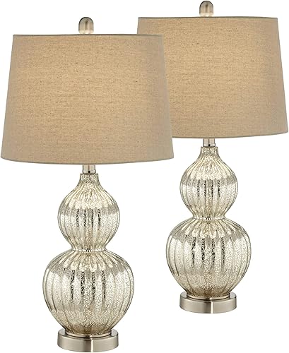 Lili - Juego de 2 lámparas de mesa de 25 pulgadas de alto vidrio de mercurio acanalado de metal plateado cepillado doble calabaza decoración para
