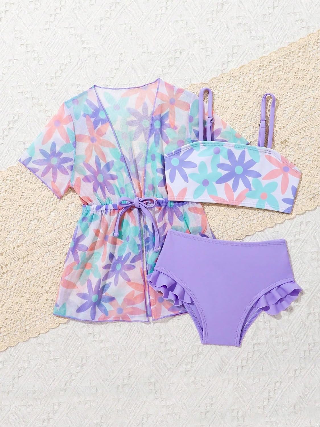 Girls Swimsuit 3 Pcs Floral Swim Kimono Cover Up with Bikini Sets Beach Bathing Suits