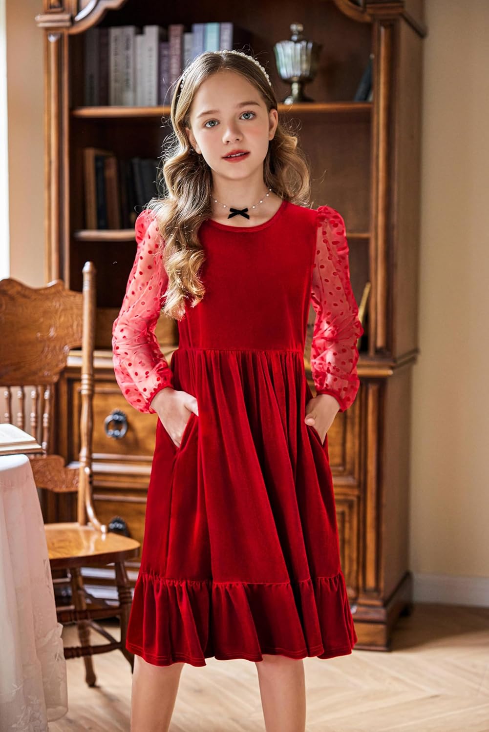 Arshiner Girls Dresses Contrast Mesh Velvet Long Sleeve A-Line Vintage Party Dress with Pockets - Image 4