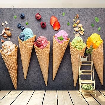 Modern Cool Ice Cream 3D Wallpaper Mural, Summer Colorful Ice Cream Kitchen Photo Mural Wallpaper, Wallpaper Wall Sticker for Living Room Bedroom Study TV Background Mural - 59"x 39.4"W x H
