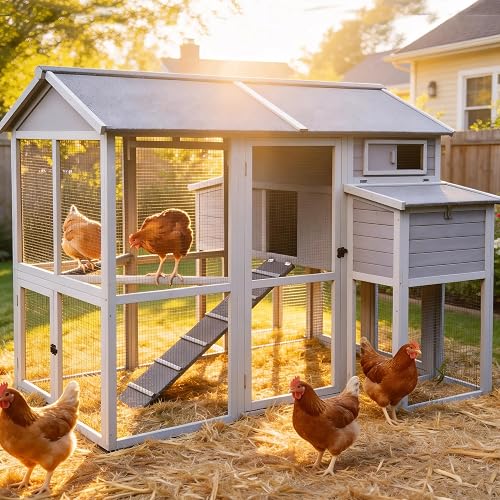 GUTINNEEN Extra Large Chicken Coop with Run Walk in Chicken House with 2 Large Nesting Boxes Sturdy Iron Angle Brackets 76" L Grey