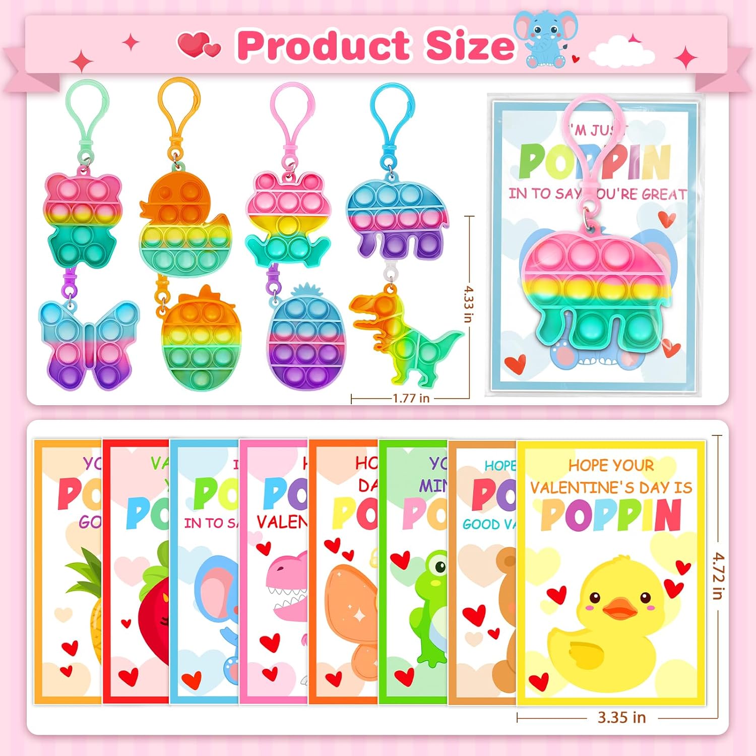 Jumlys Valentines Day Cards for Kids School, 24 Pack Pop Fidget Keychains Bulk, Valentine Day Party Favors for Boys Girls, Ideal Exchange Cards for Classroom