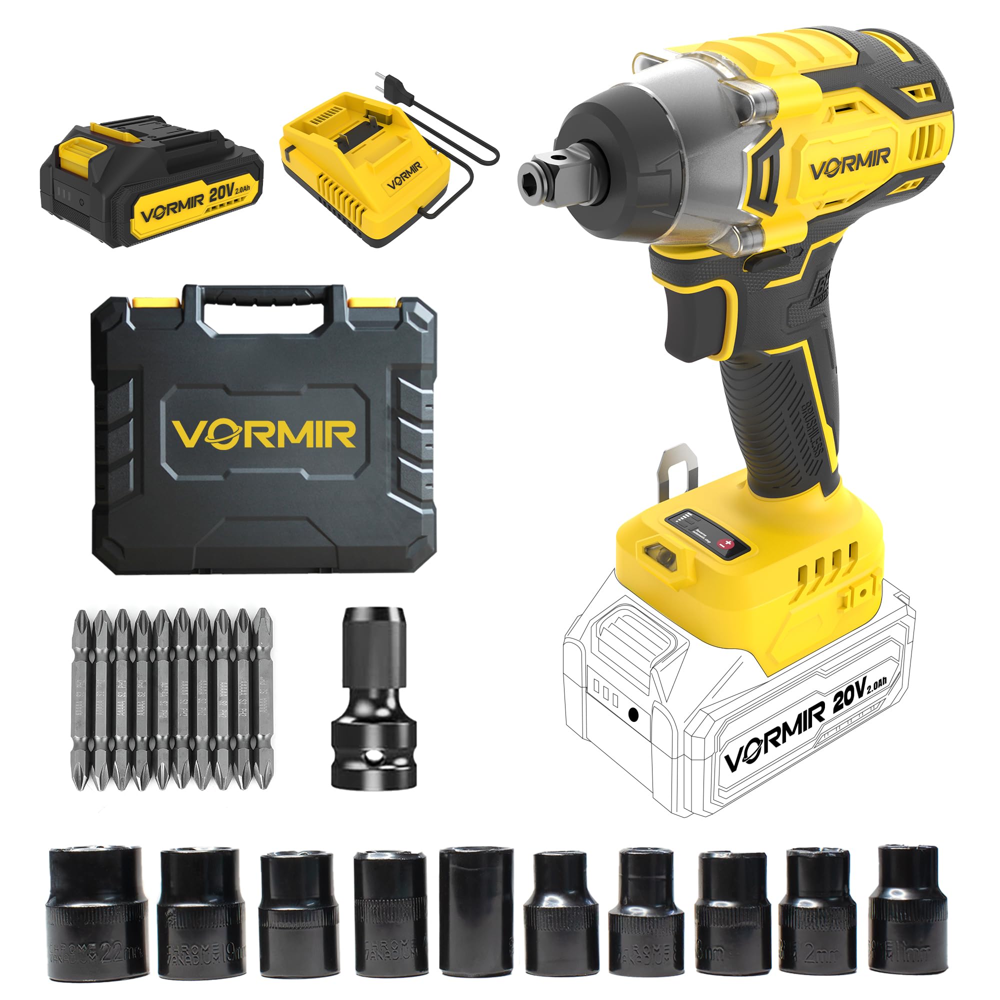 VORMIR VR BW21-32 Brushless Cordless Impact Wrench Kit, 20V MAX, ½", 320Nm Torque, 1800–3000 RPM, 2250–3700 IPM, 2.0Ah Battery, Charger, LED Light & BMC Box-image-0