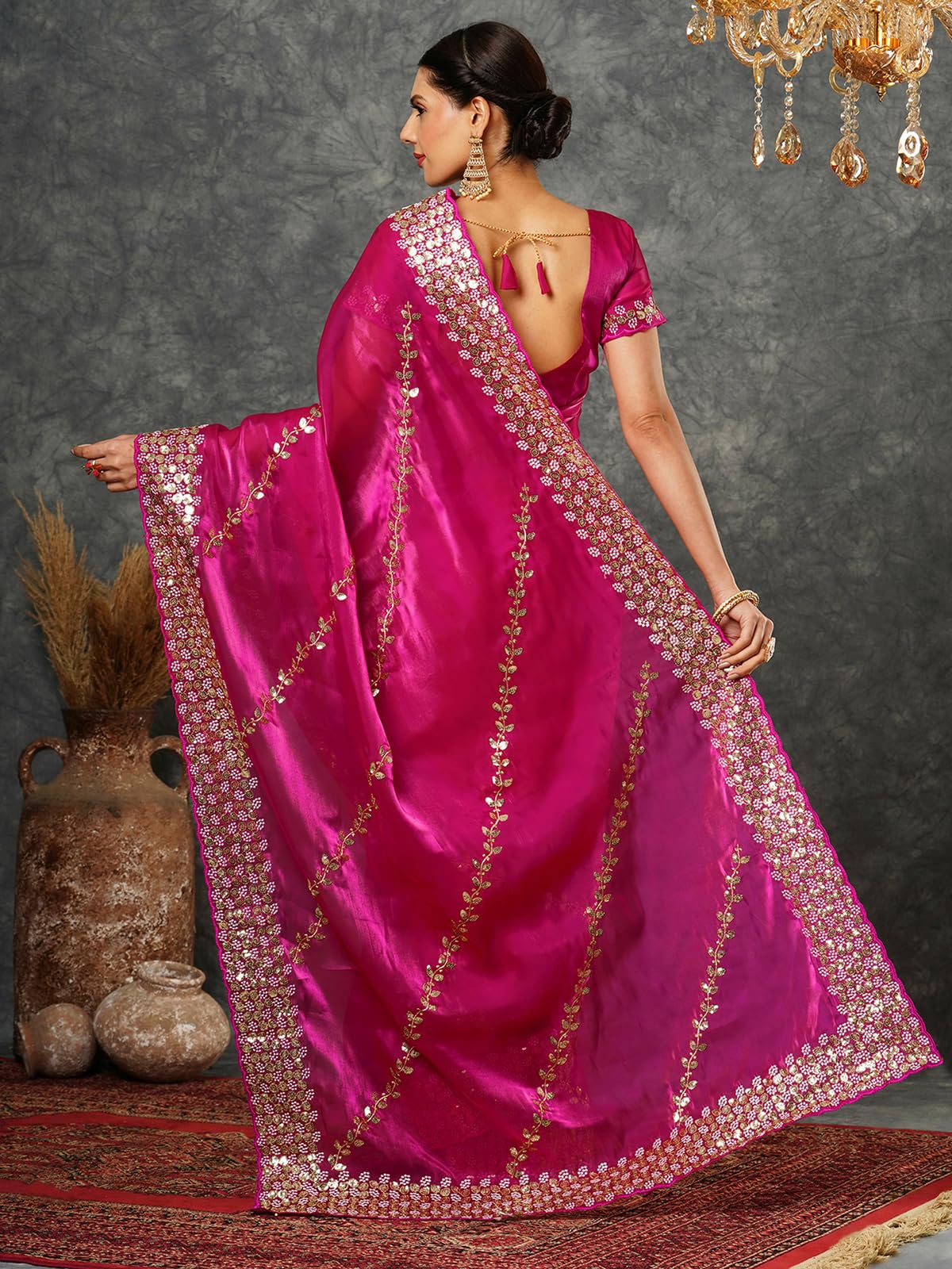 Satrani Women's Tissue Silk Sequence Embroidery Work Scalloped Border Saree With Unstitched Blouse Piece (3905S153N_Rani Pink)