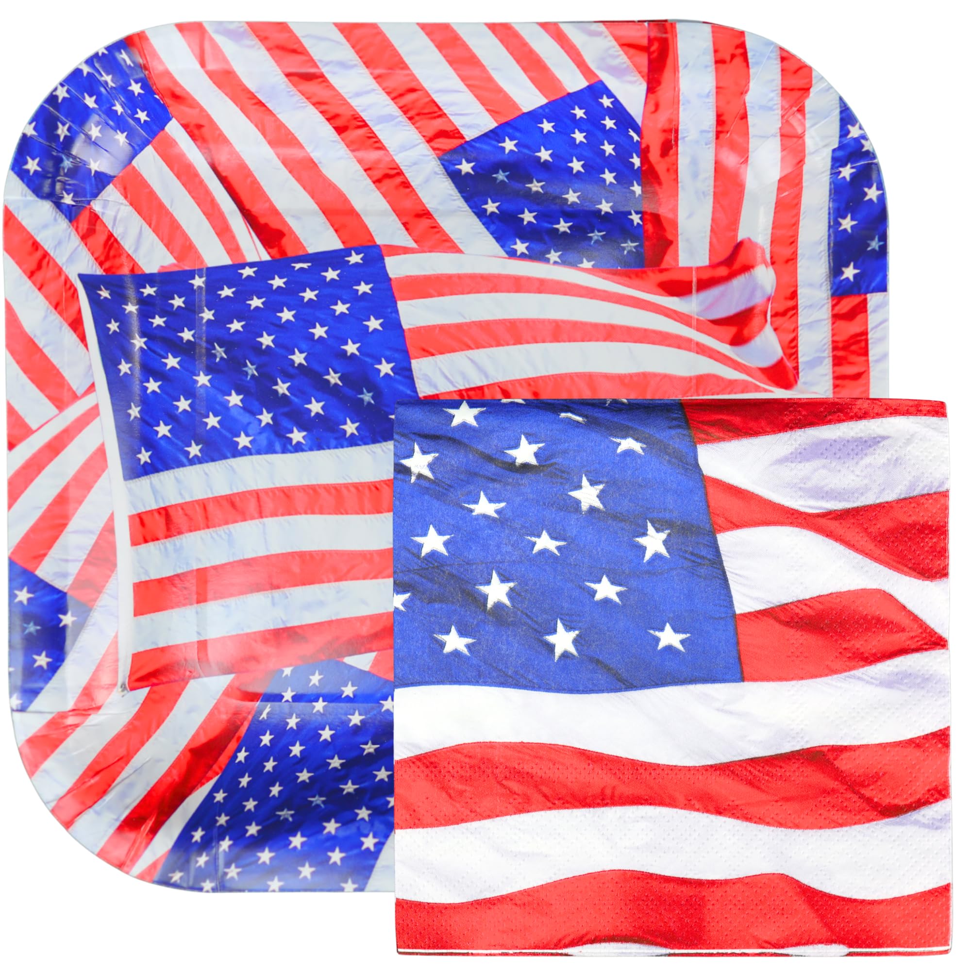 Iconikal Paquete de cena desechable, 40 platos y 60 servilletas, juego de bandera patriótica de Estados Unidos