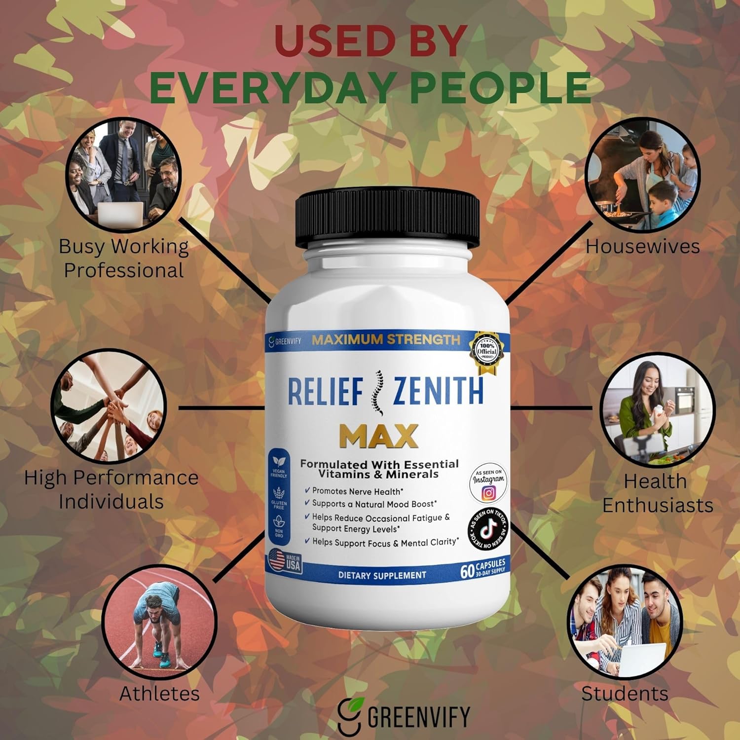 Relief Zenith Max Dietary Supplement, Nerve Health & Mood Support, 60 Capsules, 30-Day Supply (3)