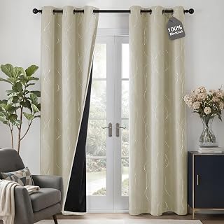 Deconovo 100% Blackout Print Curtains for Living Room 63 Inch Long 2 Panels