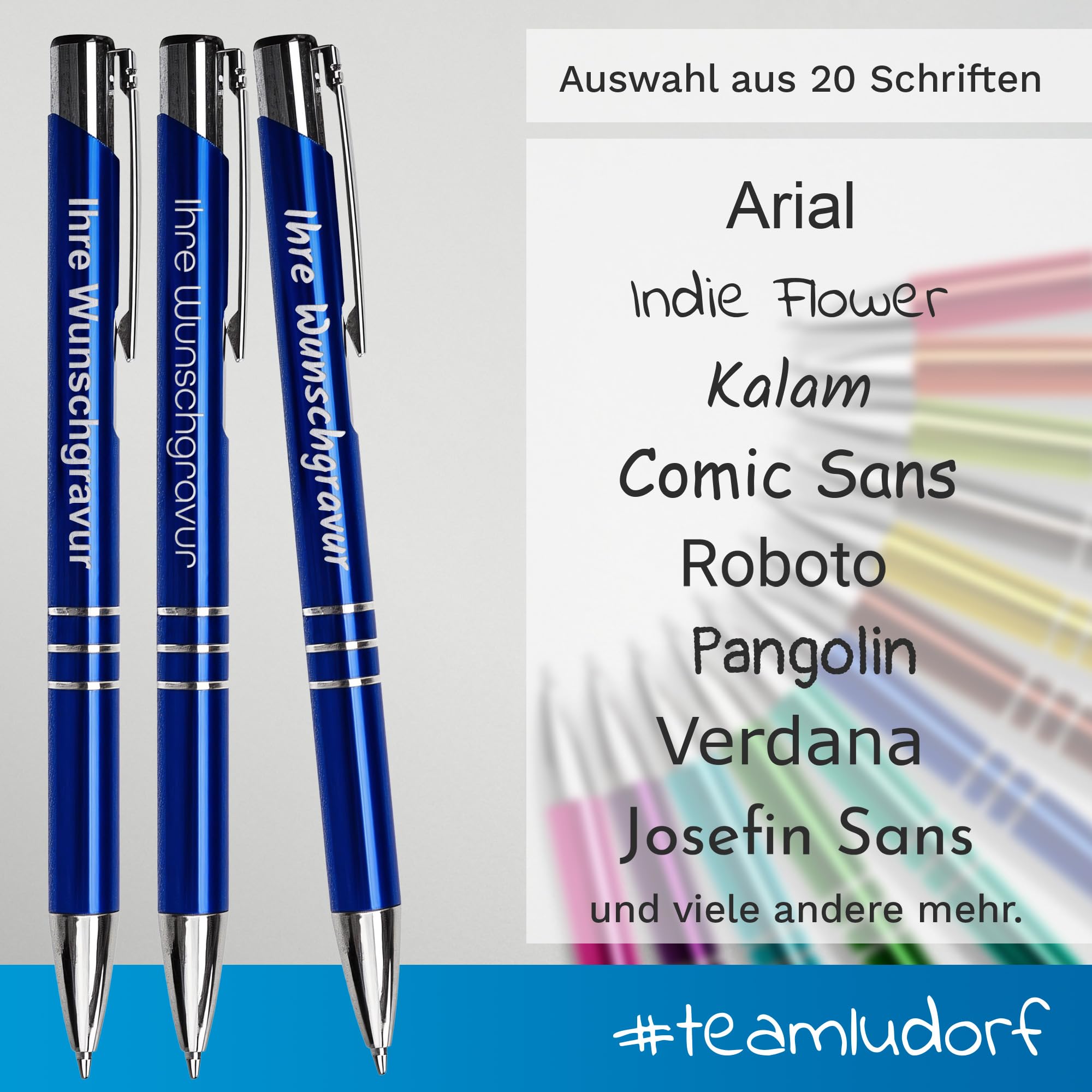 50x Kugelschreiber mit Gravur - Blau eloxiert (Gamma) - Hochwertige Metallkugelschreiber Personalisierter Kulli mehrfarbig Stifte mit Gravur Kullis