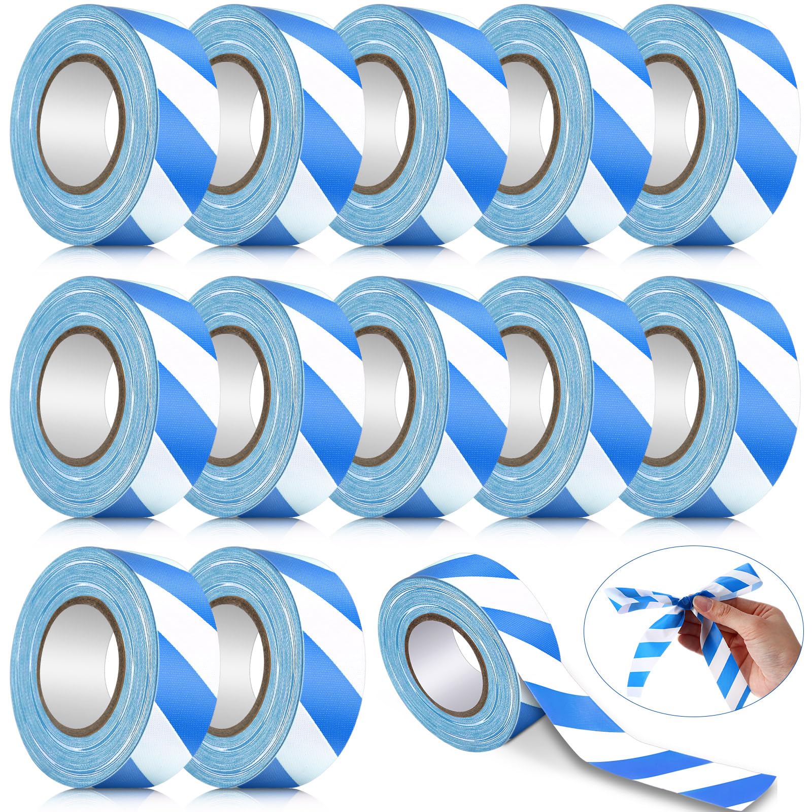 Blosssound 12 Pack Flagging Tape with Blue White Stripes 1 inch x 1800ft Marking Ribbon Non Adhesive Plastic Surveyors Tape for Hunting Trail