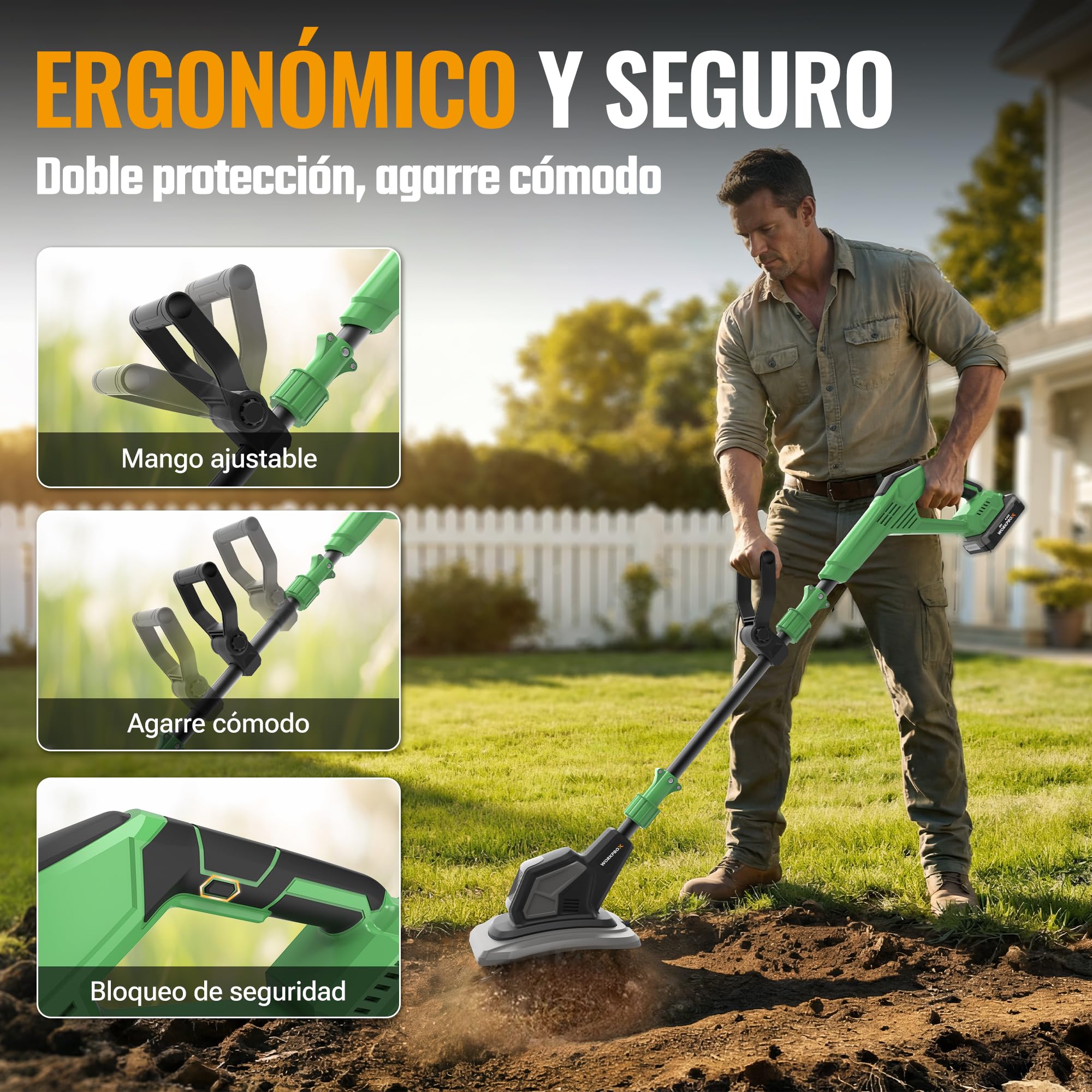 WORKPROX Motoazada Eléctrica a Batería 20V con 4,0Ah, Cultivador de Jardín Inalámbrico, Ancho de Trabajo 20 cm, Profundidad 20 cm, Ruedas Ajustables, Mango Plegable
