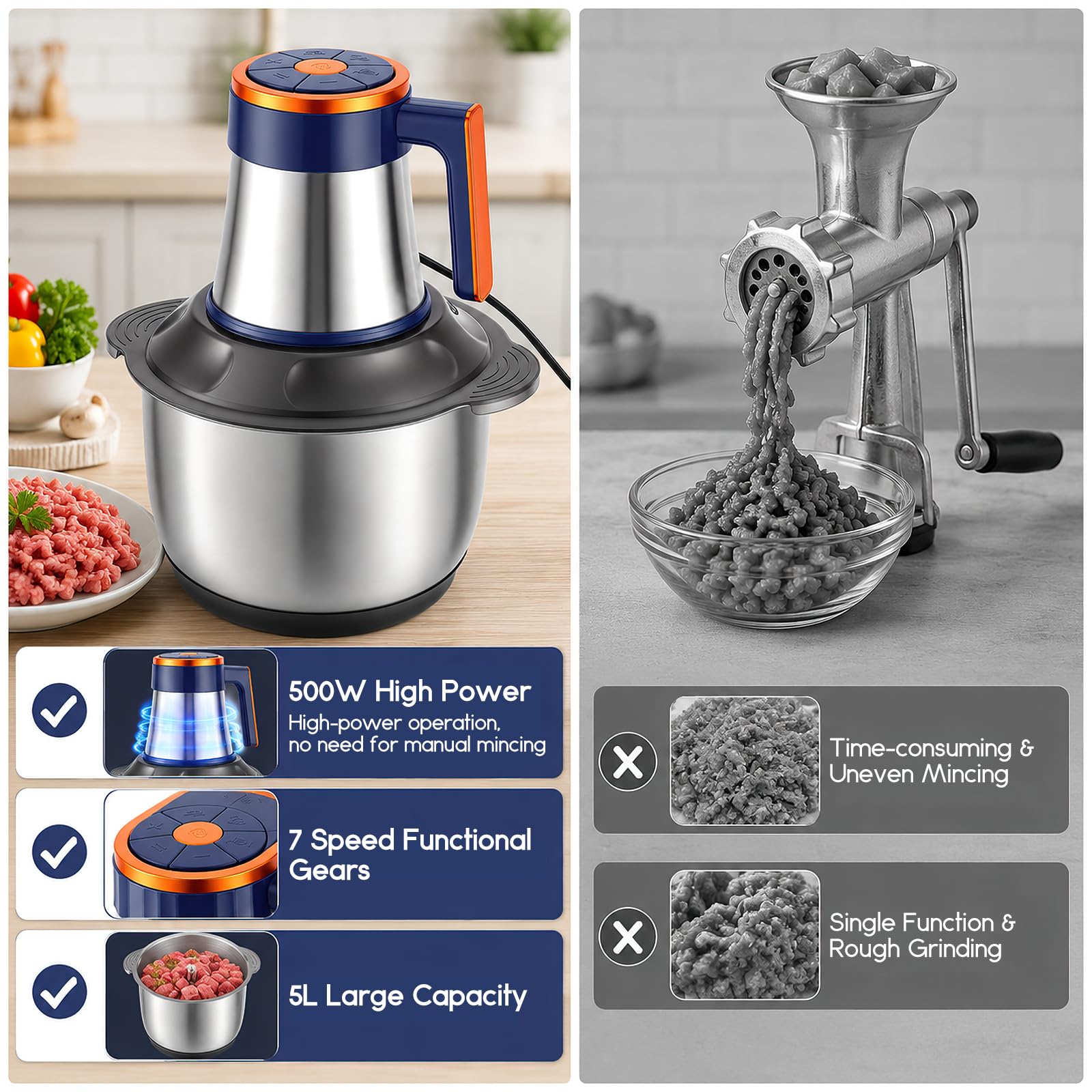 Tritatutto elettrico da cucina, 500 W, 5 l, in acciaio inox, tritacarne elettrico con 7 velocità e 6 lame, tritacarne per carne, cipolle, verdure, tritacarne universale 5 in 1