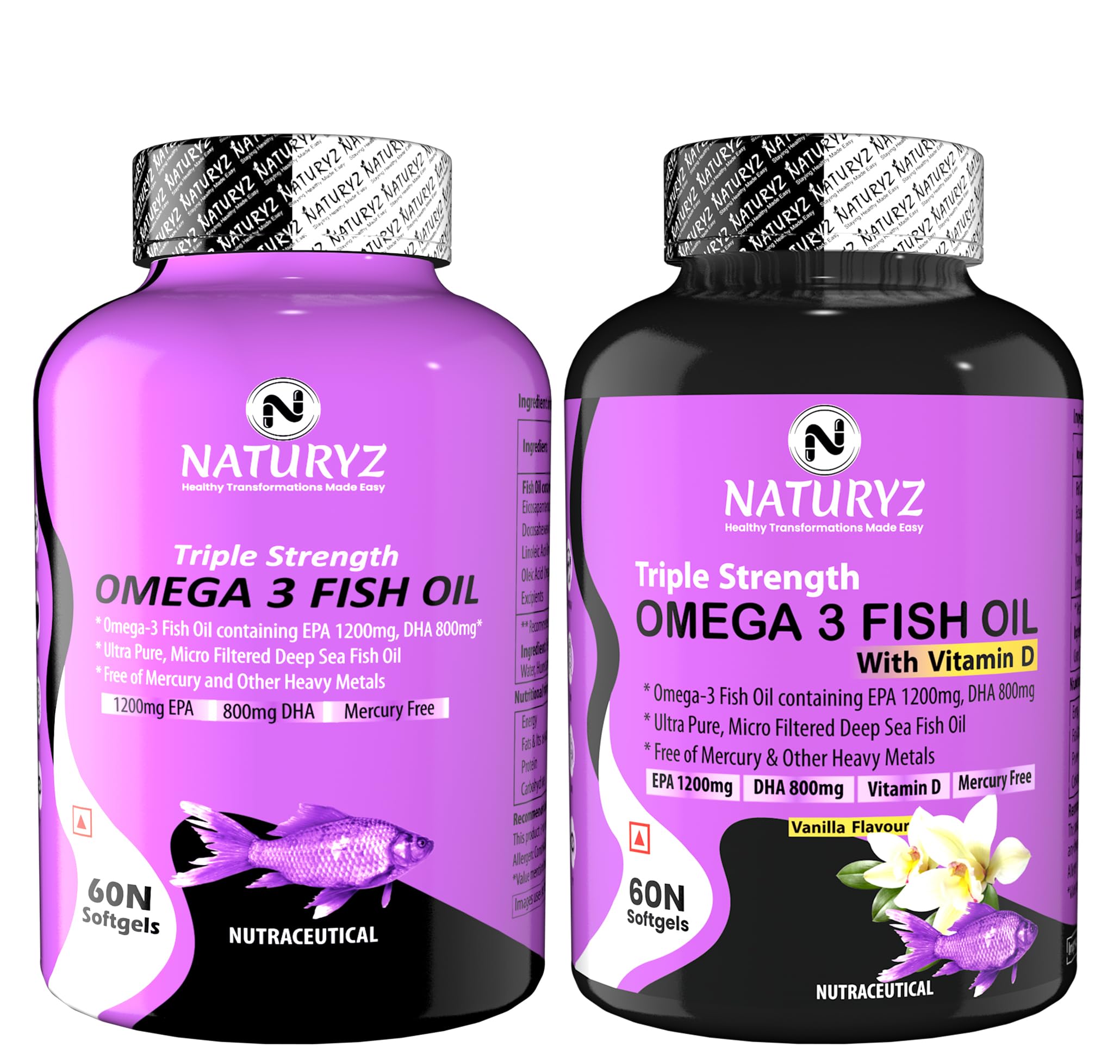 Naturyz Triple Strength Omega 3 Fish Oil & Vanilla Flavoured Triple Strength 2500 Mg Fish Oil With Vitamin D3 2500 Mg With Highest Omega 3-6-9 Per Serving (Epa 1200 Mg Dha 800 Mg,2 Count,60 Capsules)