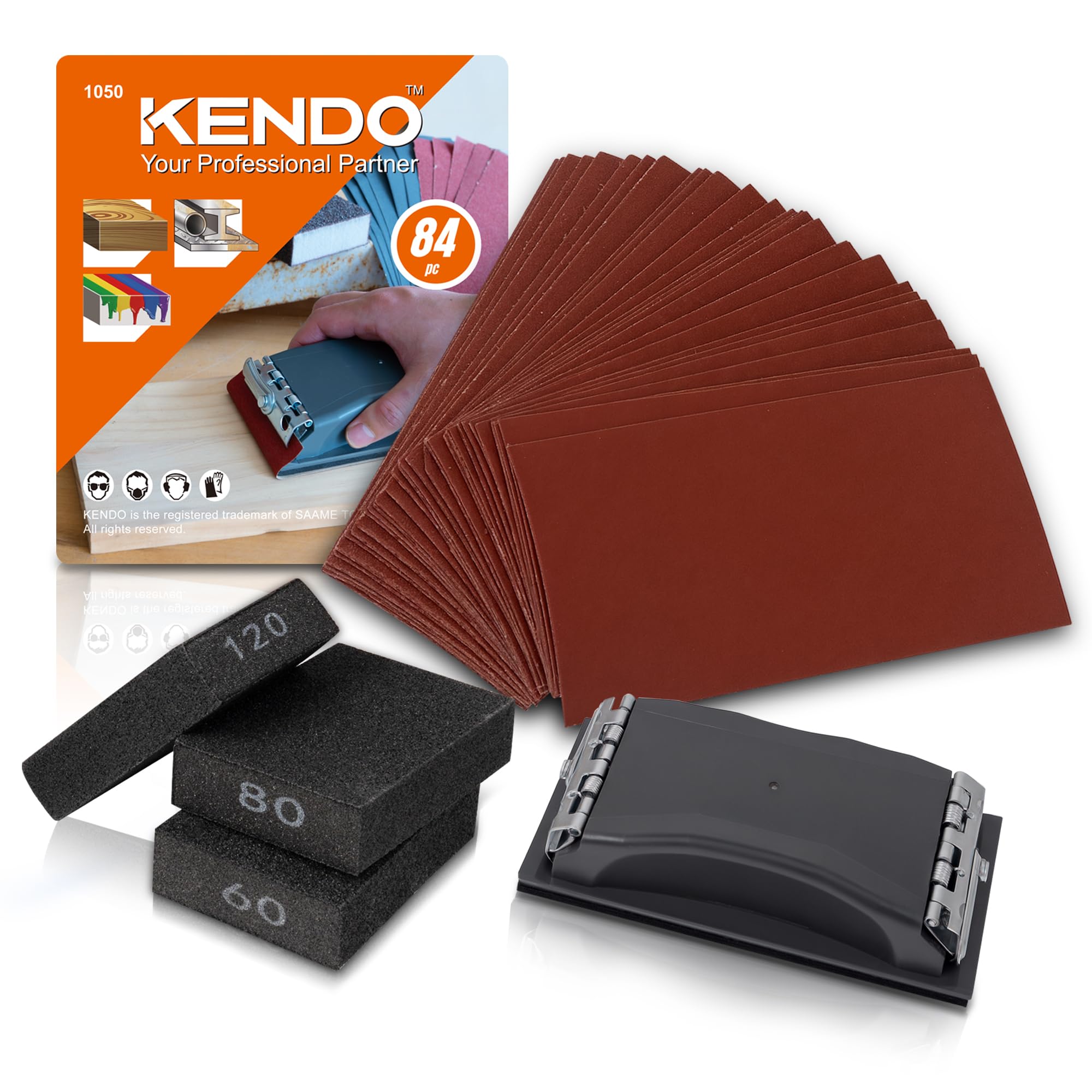 KENDO Sandpaper Set 84 Pieces 93 x 230 mm Including 1 x Hand Sanding Block & 3 x Sanding Sponges Grit 10 x P40/60/80/120/180/240/320/400. Ideal for Wood, Metal, Drywall-image-6