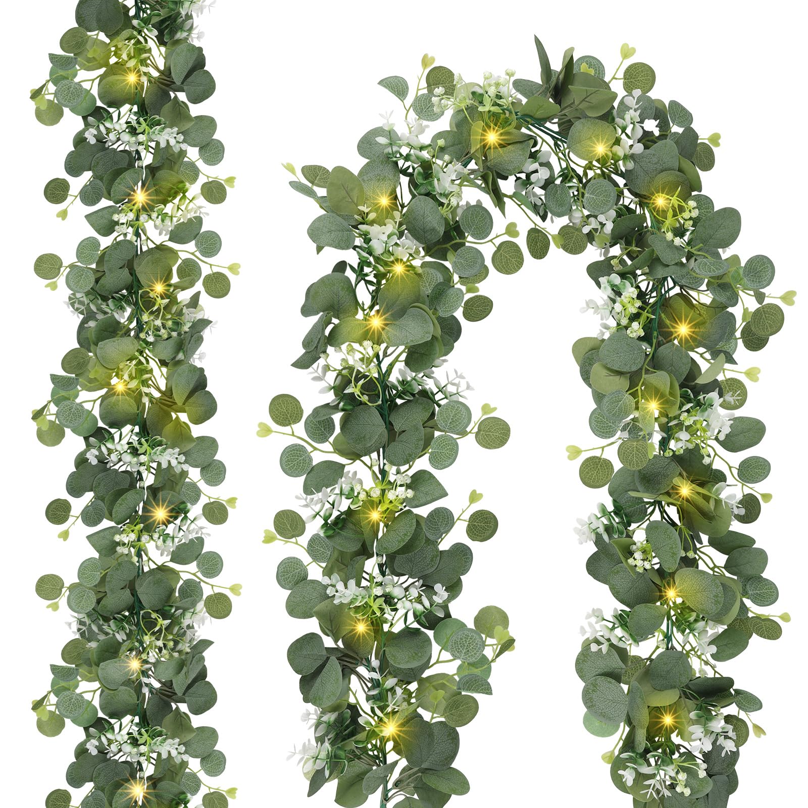 N&T NIETING Künstliche Eukalyptus-Girlande mit Lichtern, 1,8 m, batteriebetrieben mit Timer, Zweigranke für Zimmer, Treppen, Kaminsims, Hochzeit, Urlaub, Dekoration, Innen- und Außenbereich, 2 Stück