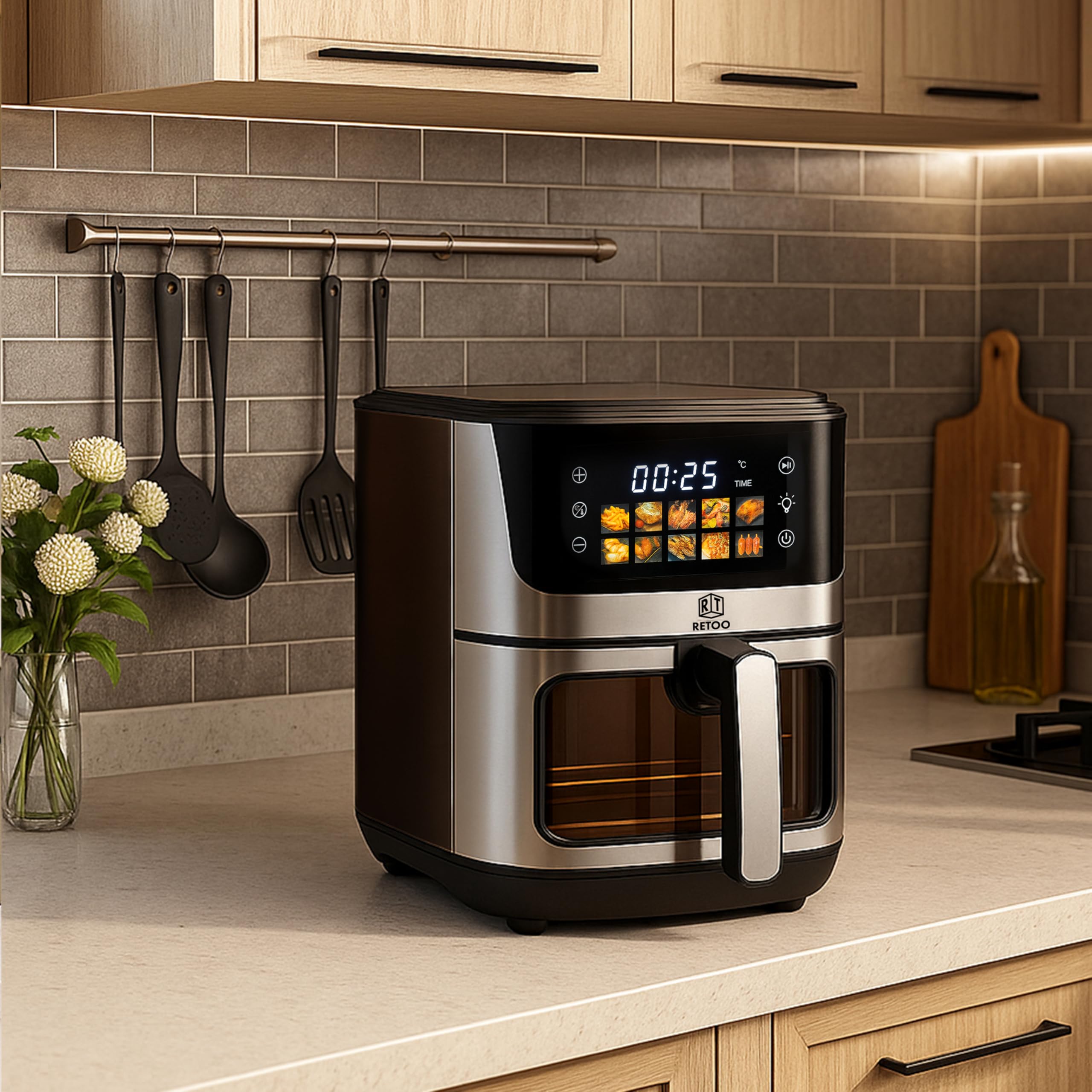 Retoo Frytkownica na gorące powietrze, 5,5 l, 1500 W, 7 programów, frytkownica na gorące powietrze, maks. 200°C, do 90% mniej tłuszczu, touchpad, frytkownica bez oleju, dieta i cyfrowa, wykończenie ze