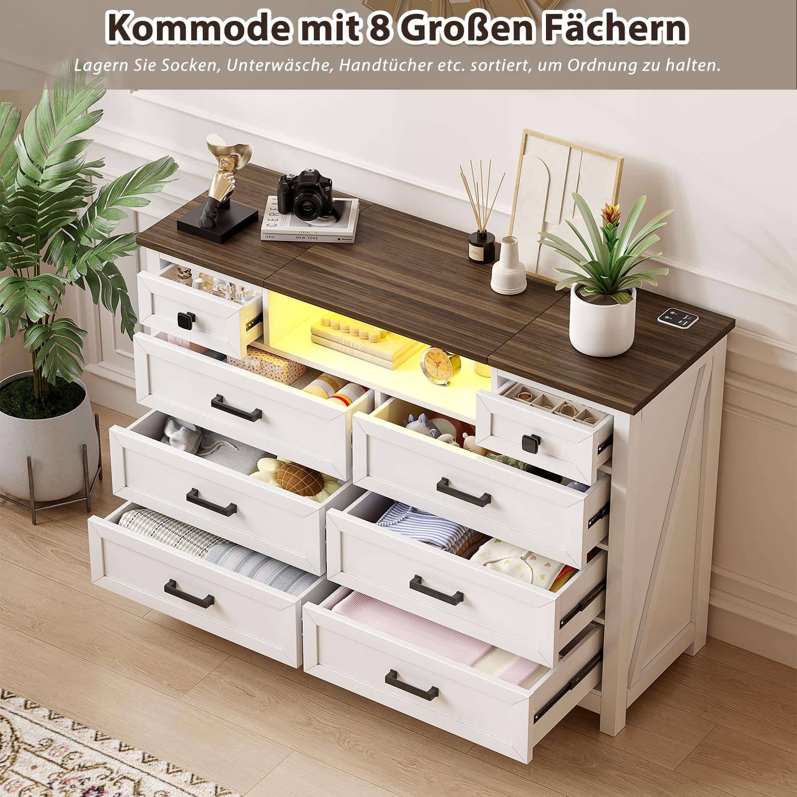 BROTTAR Kommode mit 8 Schubladen und LED Spiegel, Komodenschrank mit Ladestation, Kommode Weiß für Schlafzimmer Wohnzimmer für Kleidung, Dokumente, Spielzeug, 120x40x83cm