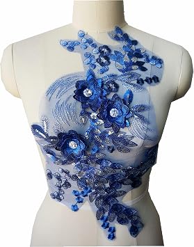 Red Blue 3D Flower Lace Fabric Patches Sequin Embroidered Gown Appliques Collar Tulle Mesh Sew Patch for Clothing Wedding Dress Decor Royal Blue