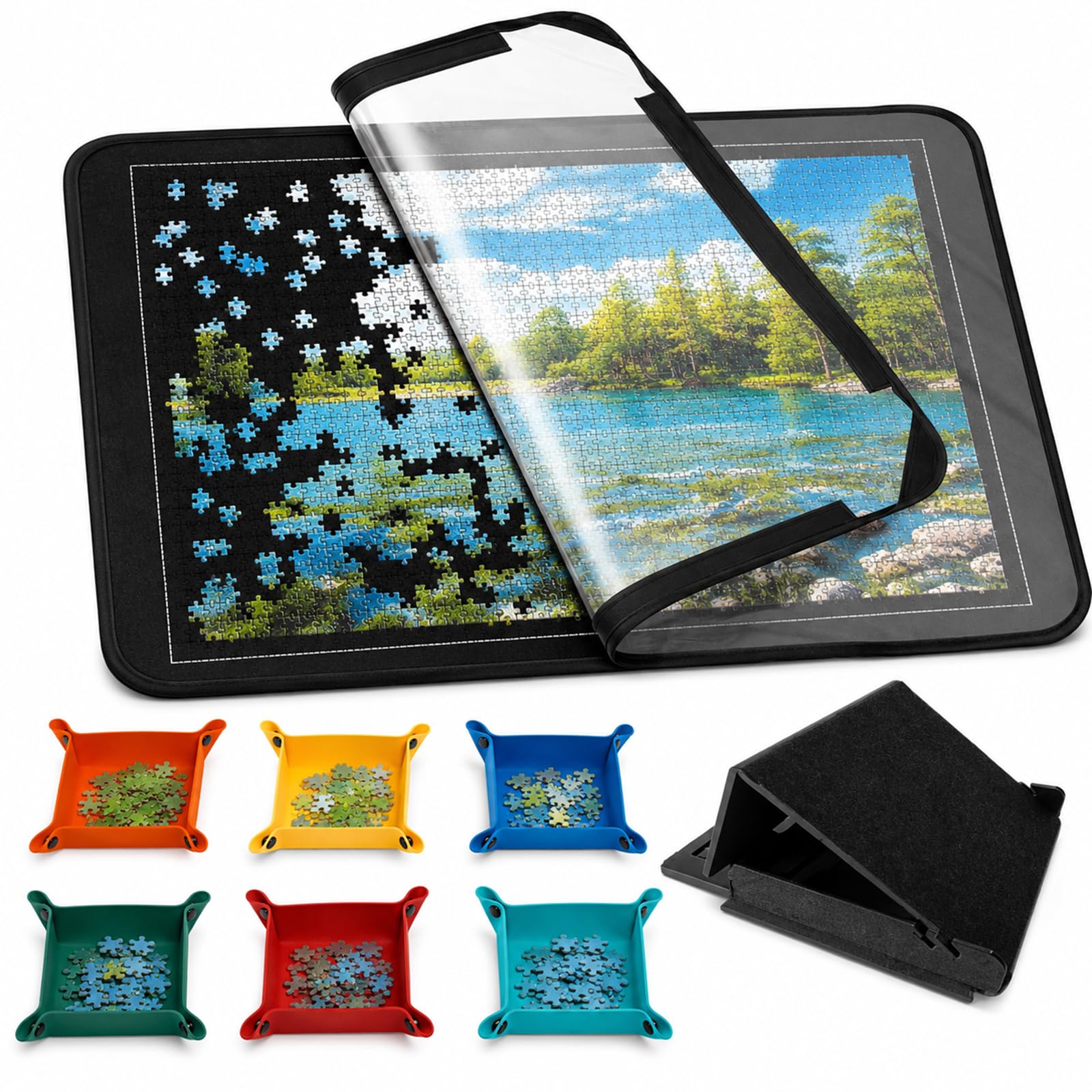 Jigsaw Puzzle Board for 1000 Pieces with Adjustable Tilting Stand, Felt Foldable Jigsaw Board with Cover & 6 Sorting Trays Lightweight Portable Puzzle Mat for Adults and Kids for Up to 1000 Pieces