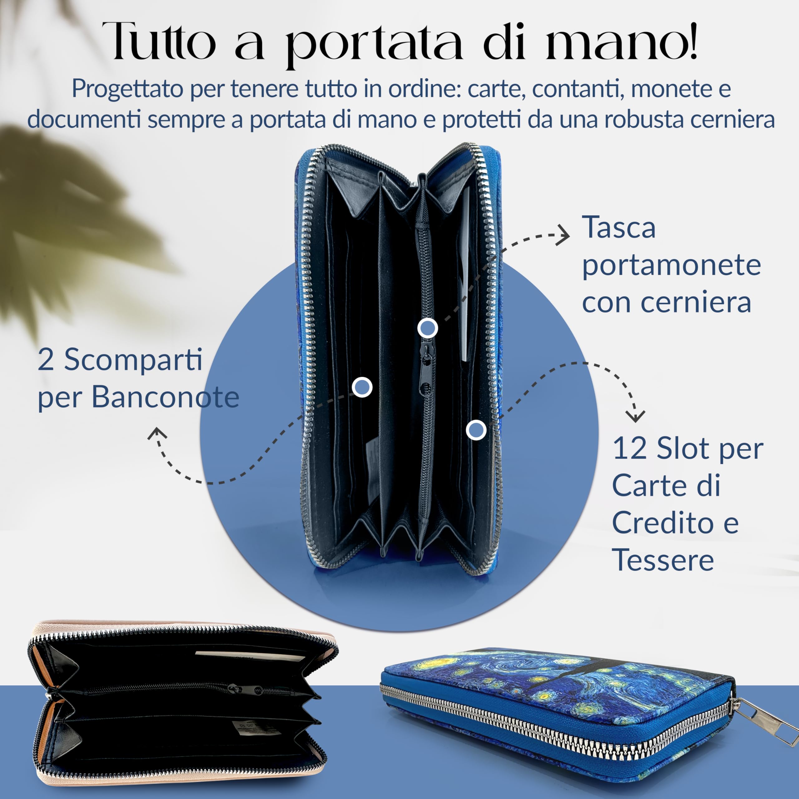 Portafoglio Donna Grande in Morbida Pelle Sintetica con Portamonete e 12 Slot per Carte e Tessere | Elegante Borsellino con Zip, Stampa Notte Stellata