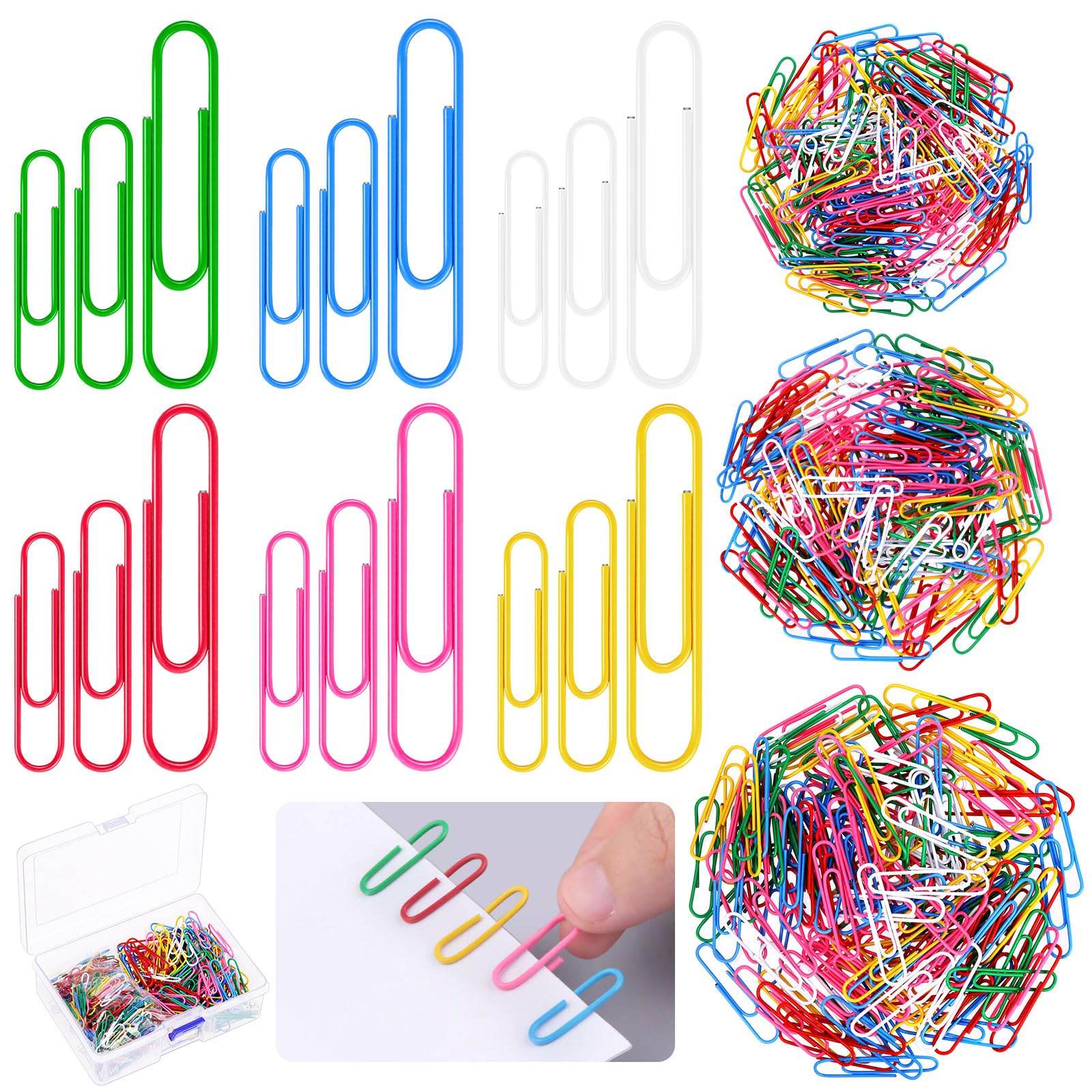 Glarks 750Pcs Color Paper Clips Set, 1.1In 1.3In 2In Mixed Colors Coated Paper Clips