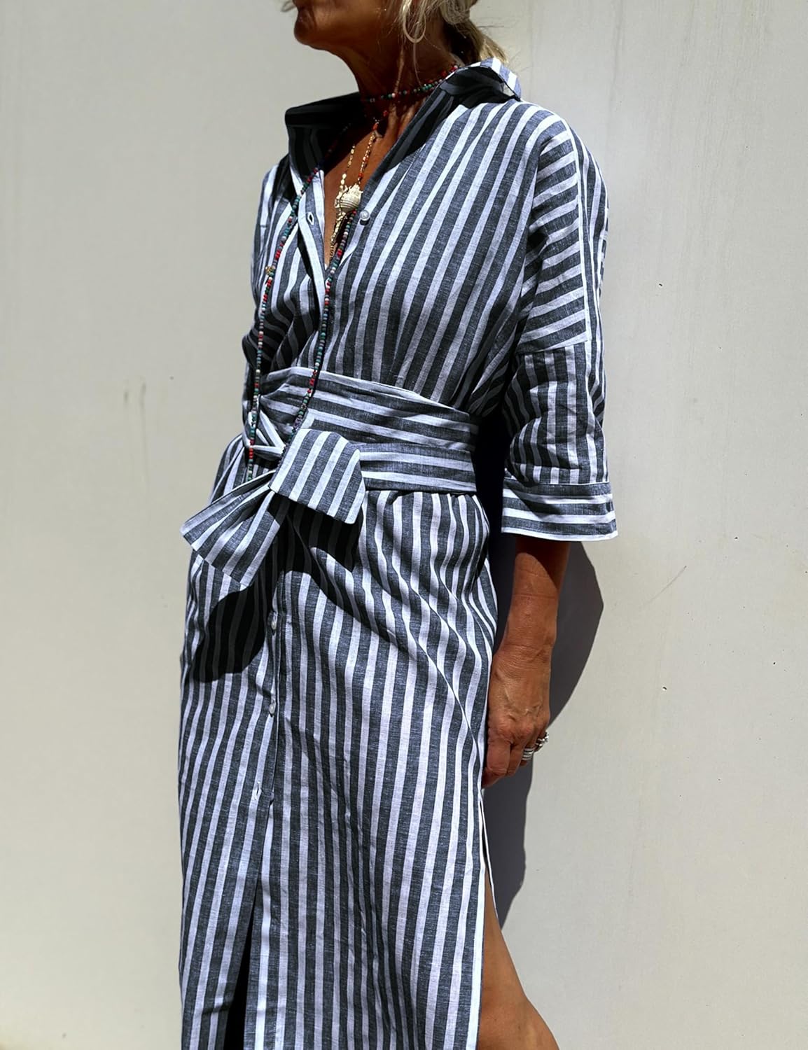 Hooever Shirt Dresses for Women Casual Long Sleeve Button Down Loose Striped Cotton Maxi Shirt Dress - Image 2